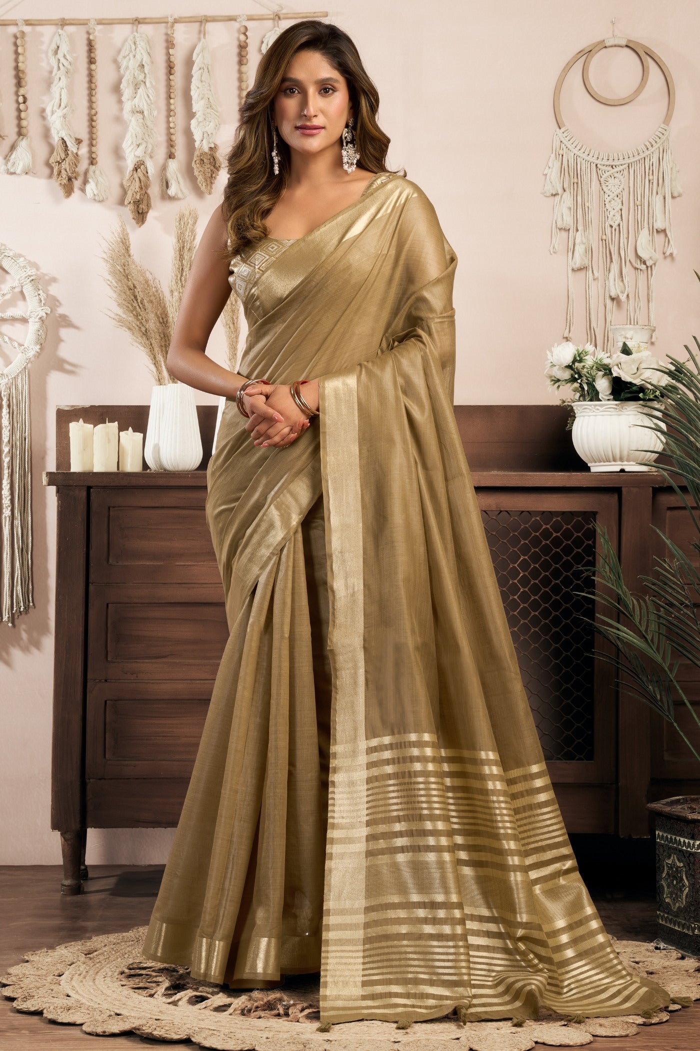 Buy MySilkLove Wood Brown Handloom Cotton Saree Online