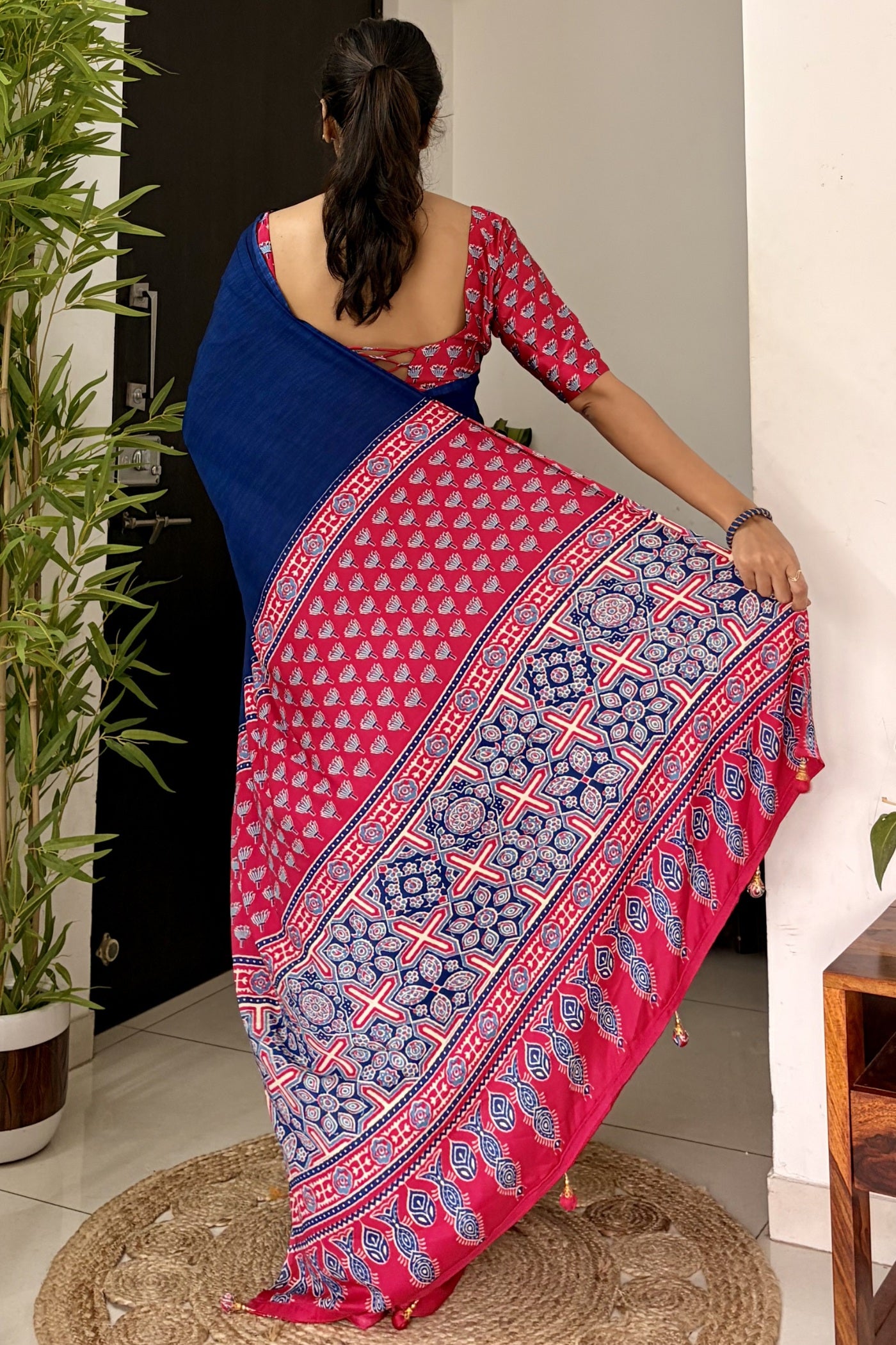 Buy MySilkLove Starlit Blue and Pink Ajrakh Printed Satin Crepe Silk Saree Online