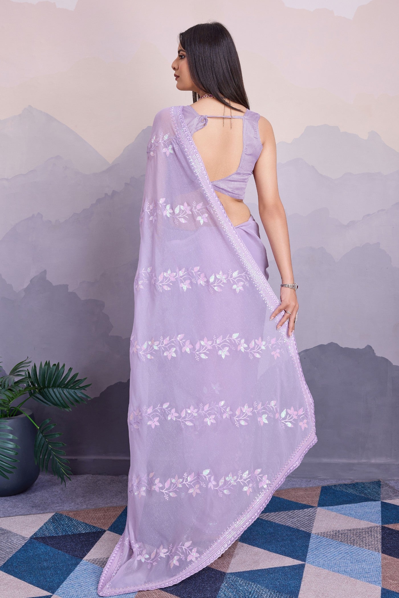 Buy MySilkLove Lavender Flower Embroidered Designer Chiffon Saree Online