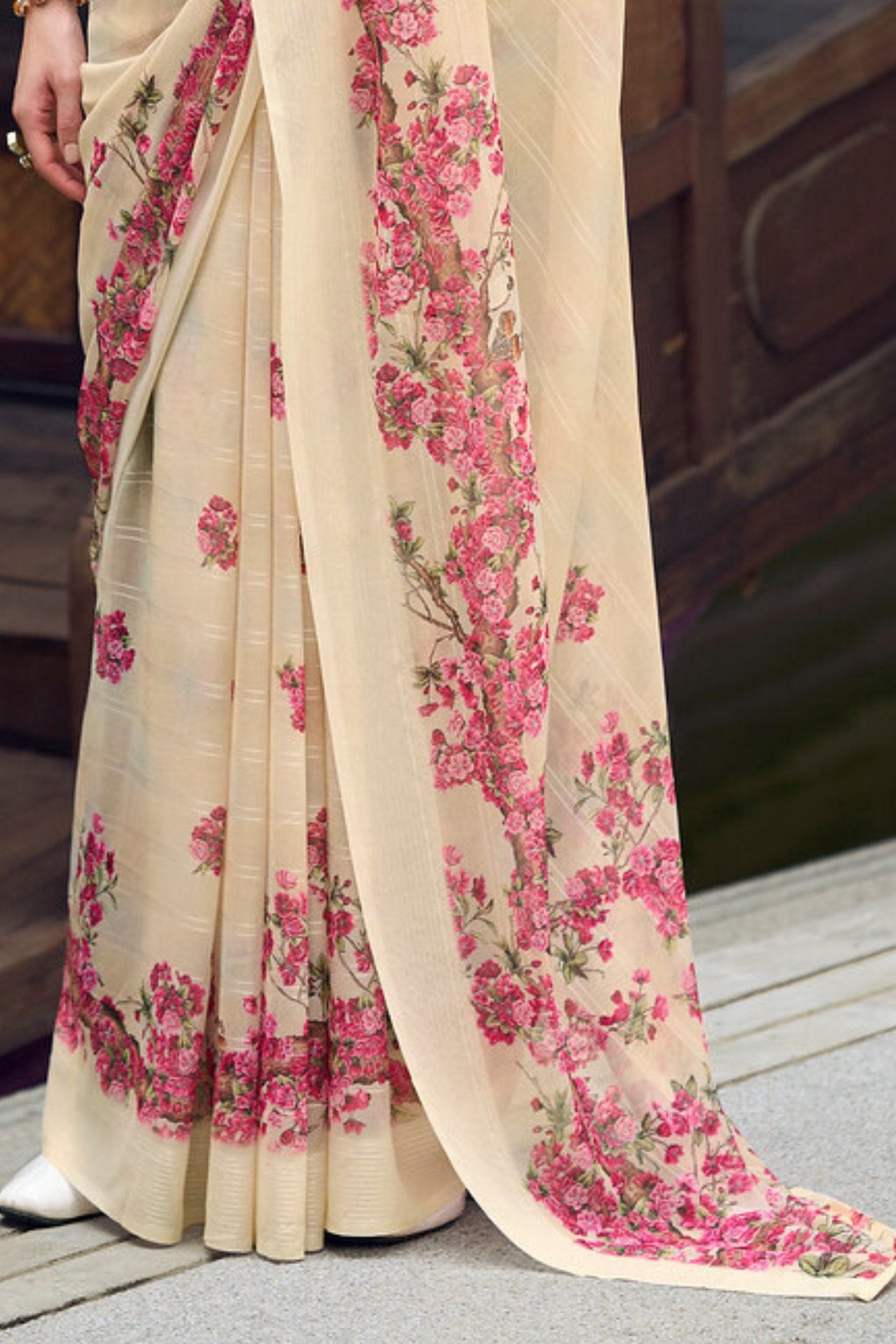 Buy MySilkLove Varden Cream Chiffon Silk Saree Online