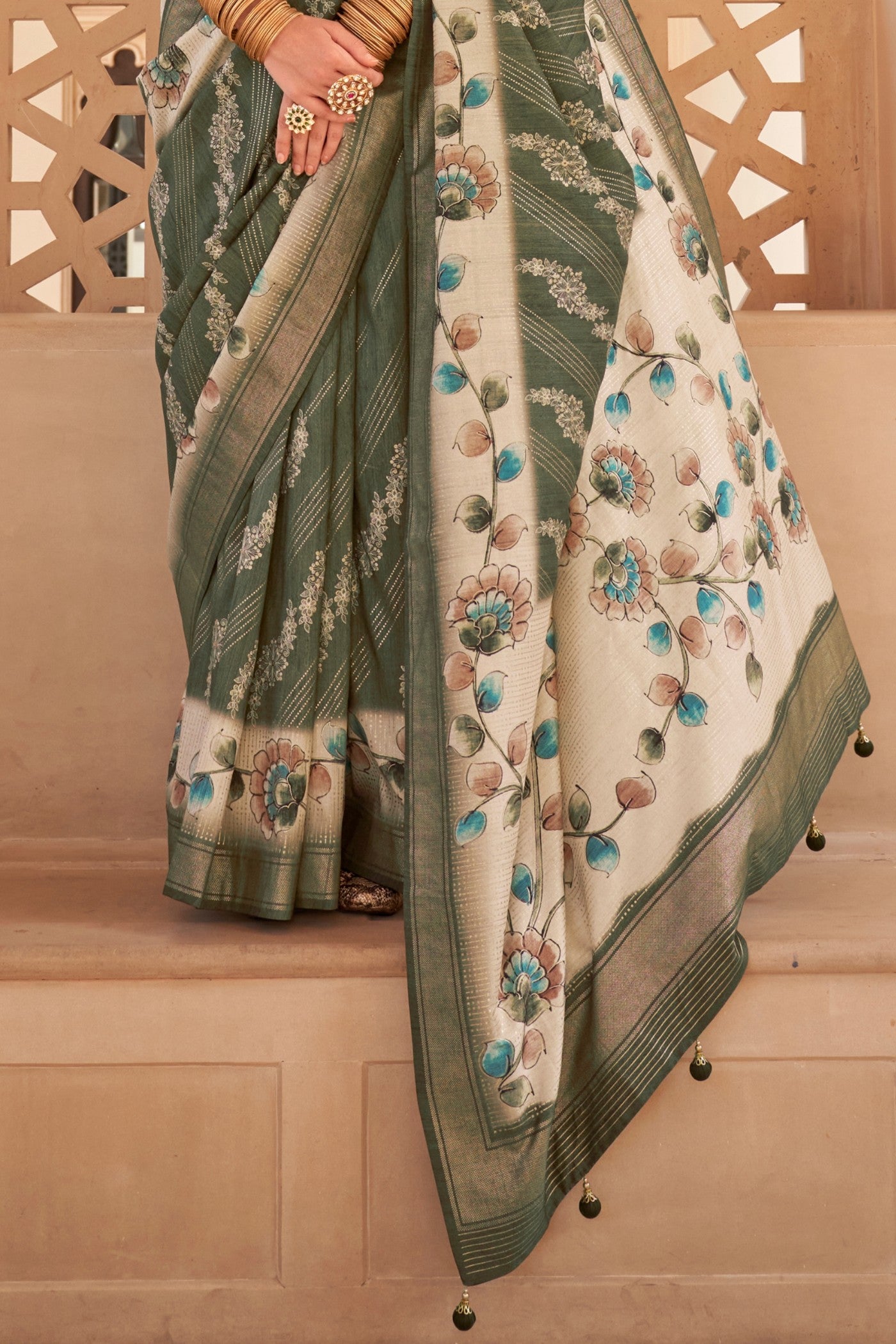 Buy MySilkLove Hemlock Green Floral Printed Banarasi Saree Online