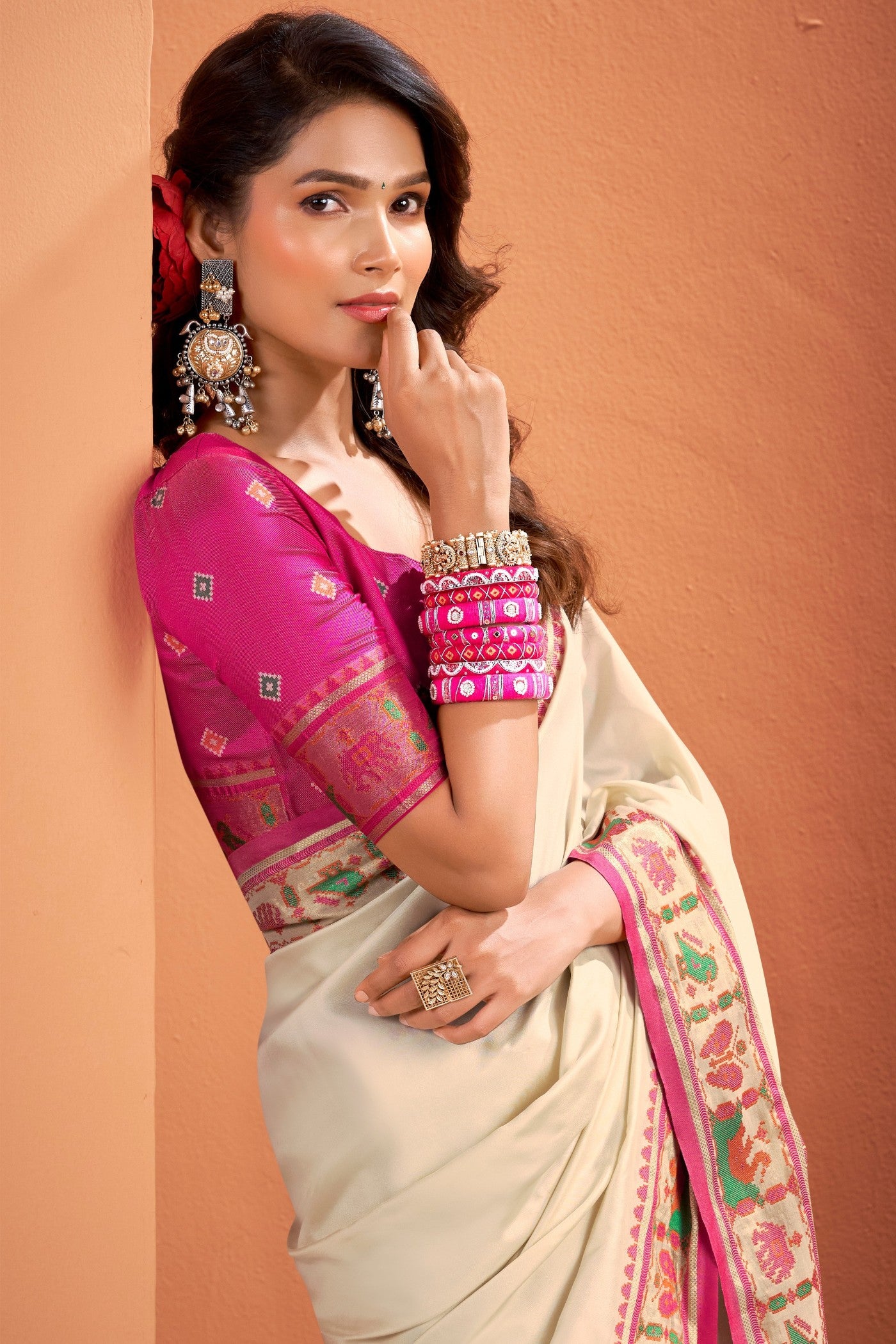 MySilkLove Chiffon Cream Woven Banarasi Patola Silk Saree
