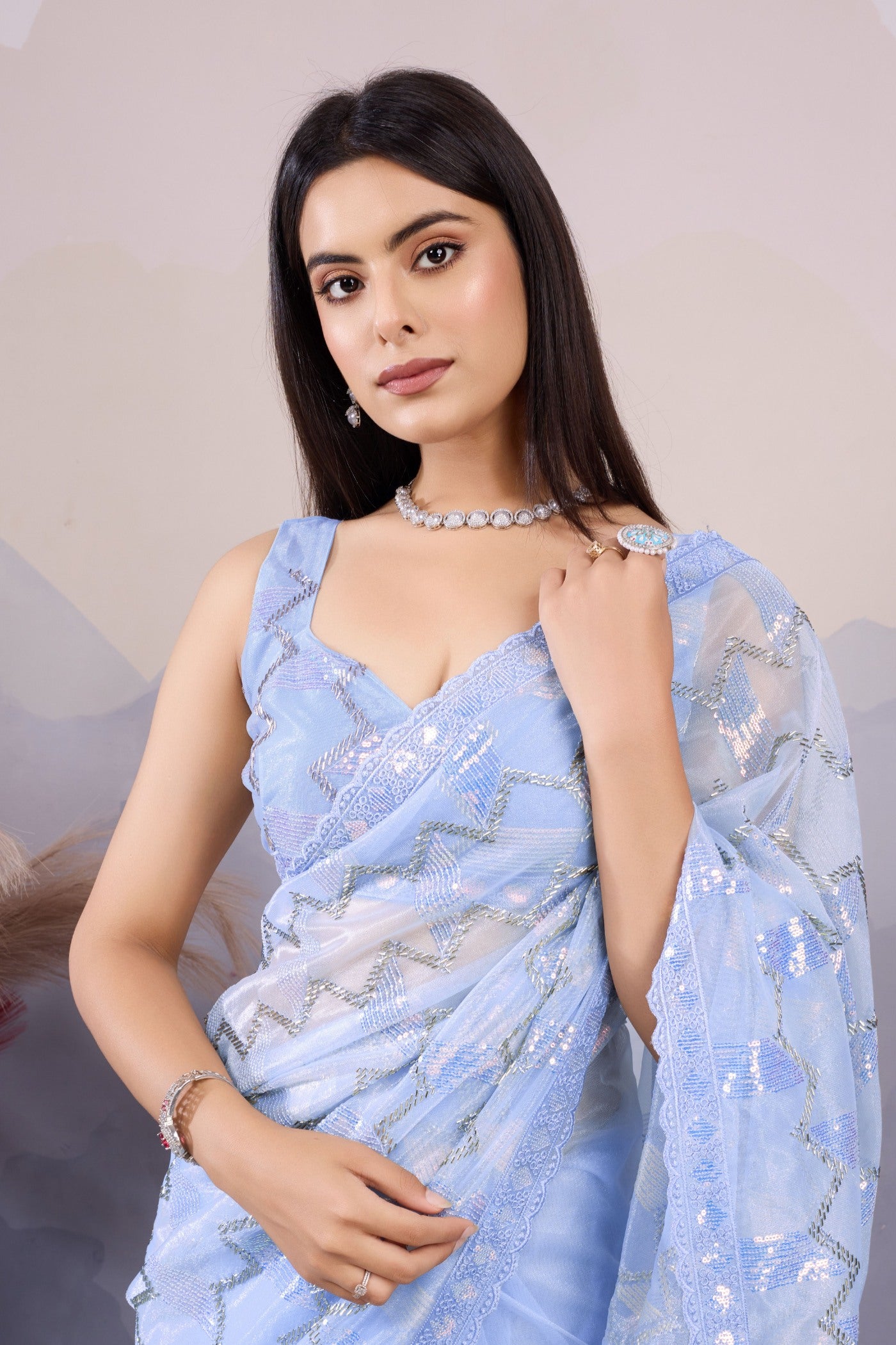 Buy MySilkLove Clematis Blue Designer Partywear Saree Online