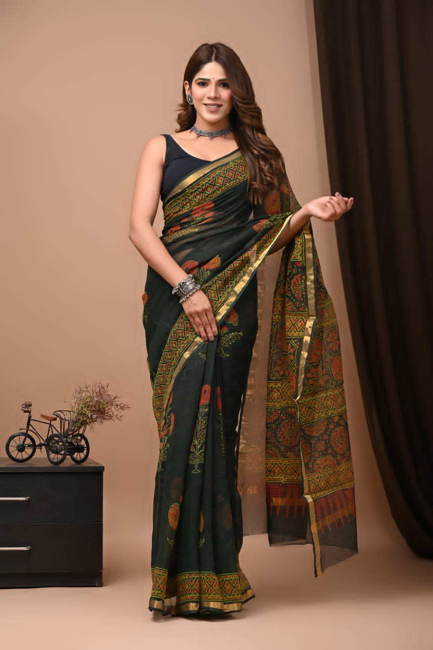 Buy MySilkLove Outer Space Black Handblock Kota Doriya Saree Online