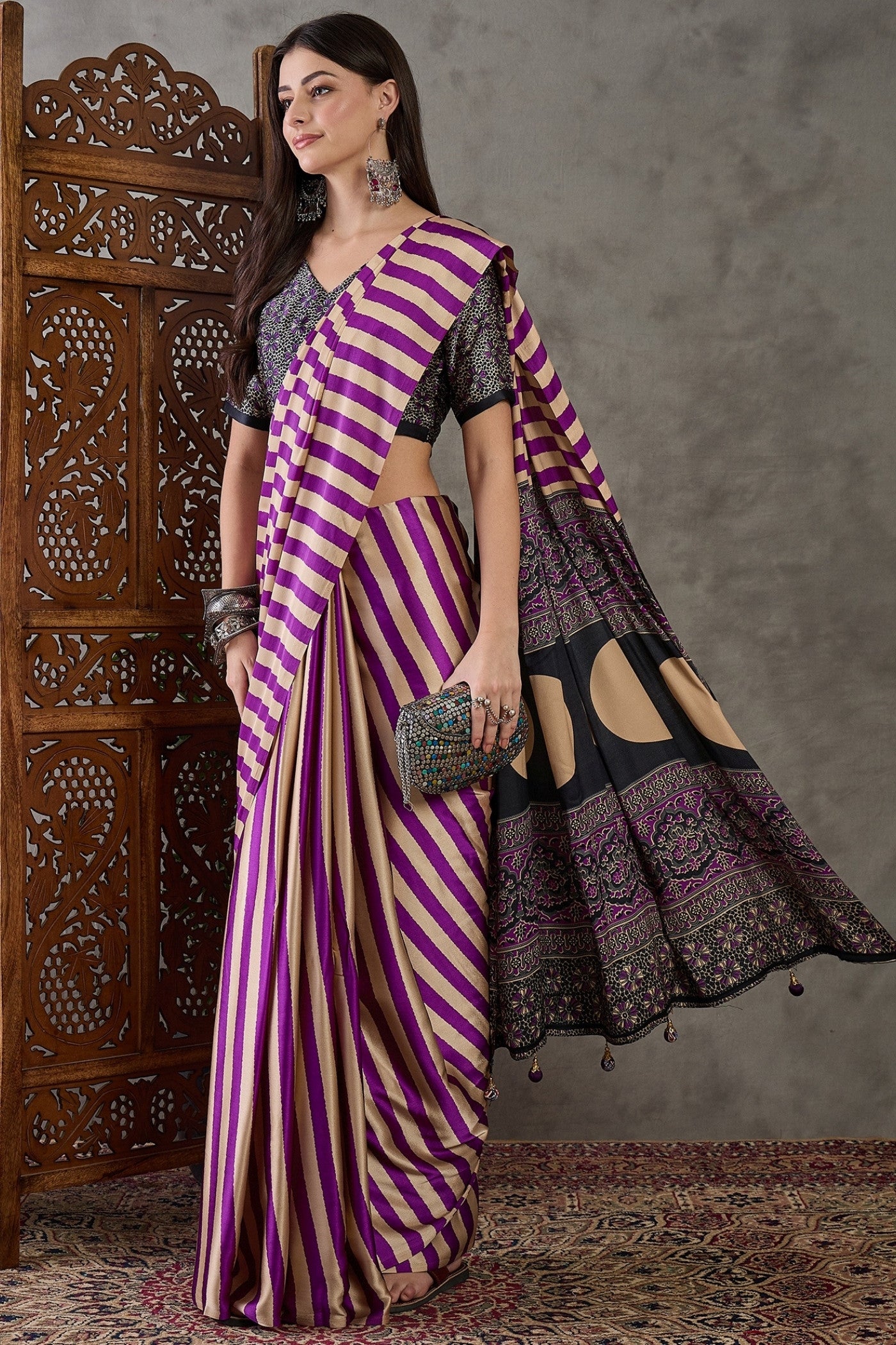 Buy MySilkLove Plum Purple Stripe Ajrakh Printed Satin Gaji Silk Saree Online