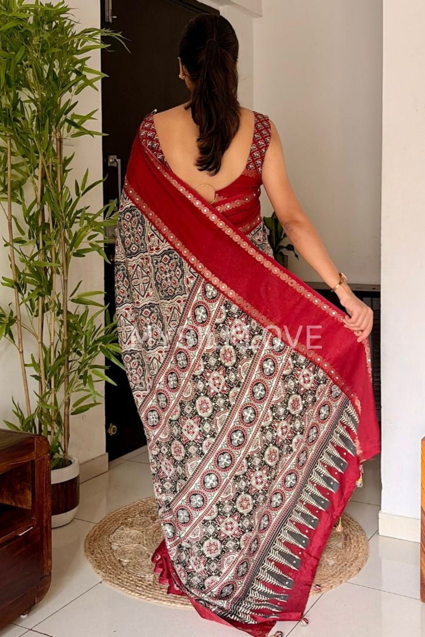 Buy MySilkLove Maroon Border Black and White Ajrakh Printed Satin Silk Saree Online