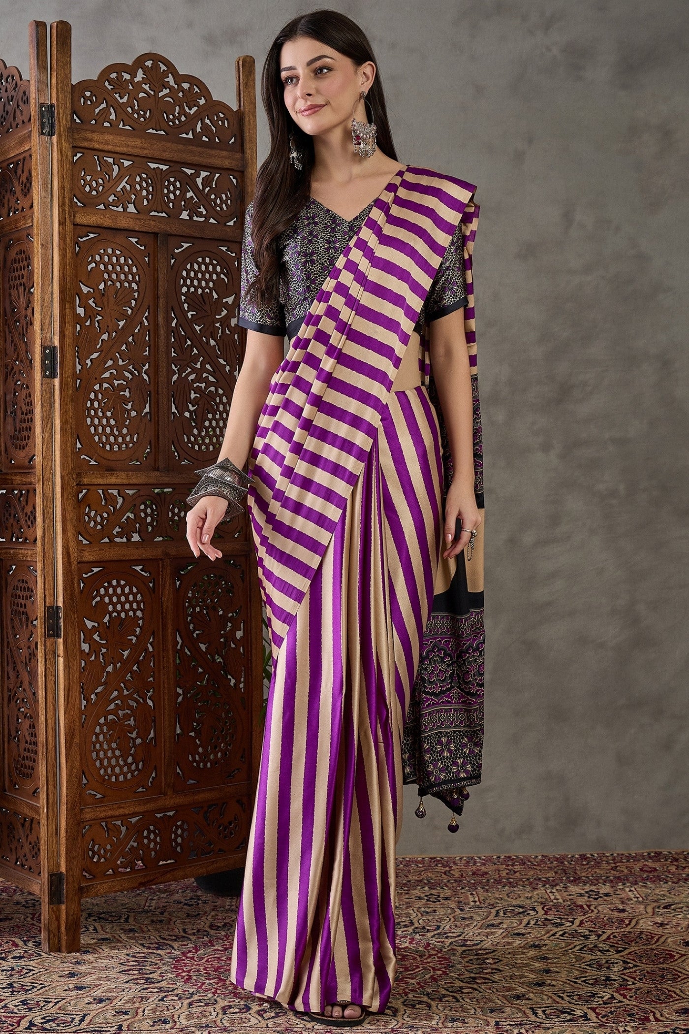 Buy MySilkLove Plum Purple Stripe Ajrakh Printed Satin Gaji Silk Saree Online