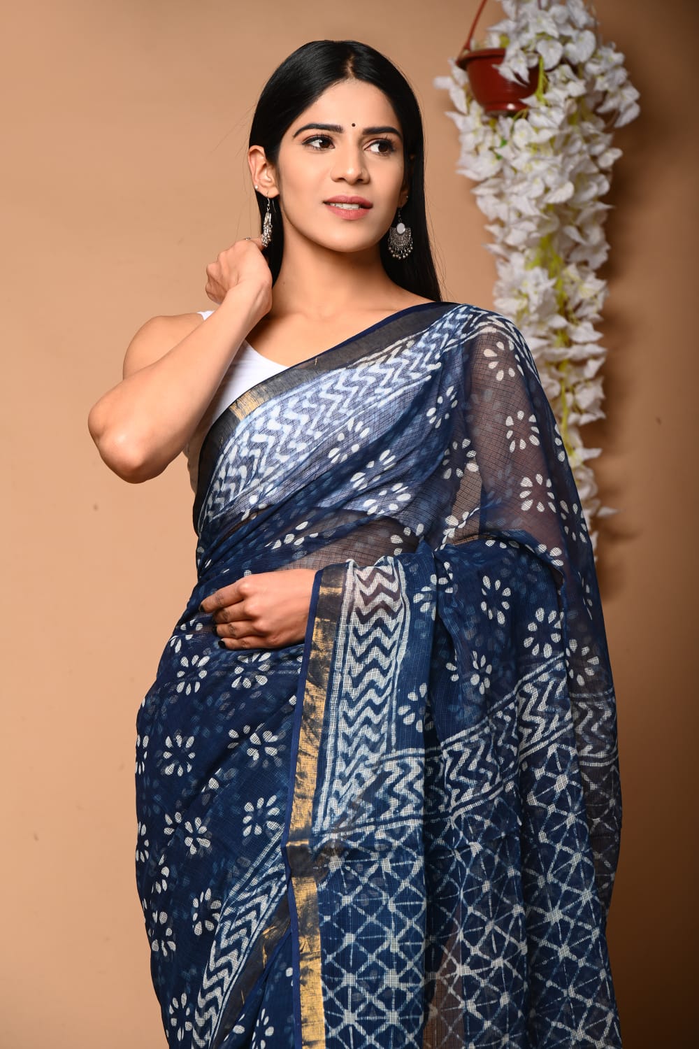 MySilkLove Big Stone Blue Handblock Kota Doriya Saree