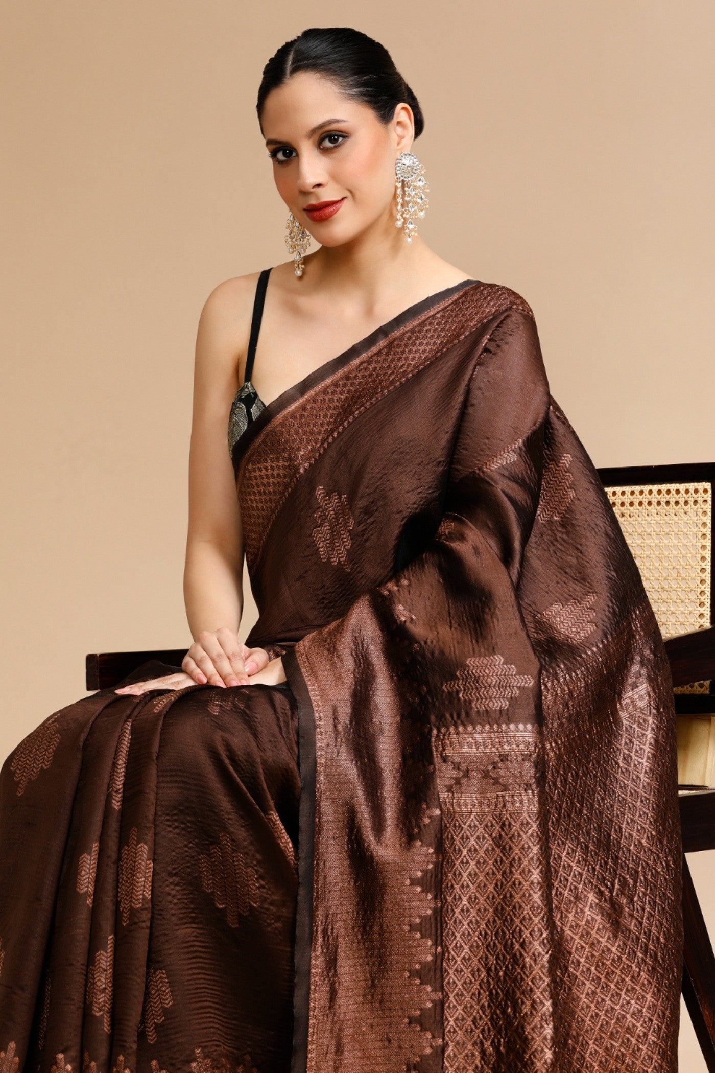 MySilkLove Ginger Brown Woven Jacquard Lichi Silk Saree