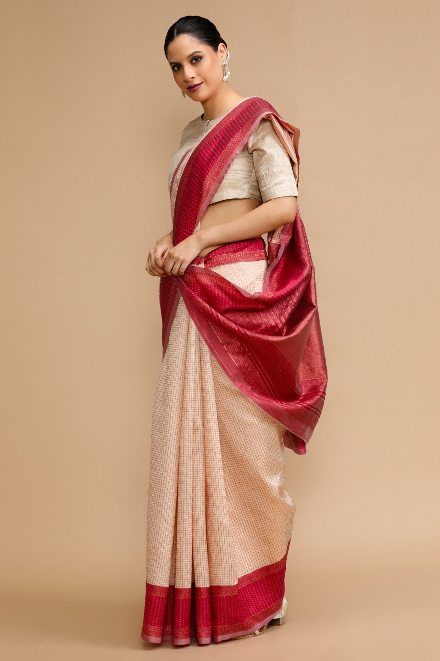 Buy MySilkLove Ivory Cream Woven Jacquard Lichi Silk Saree Online