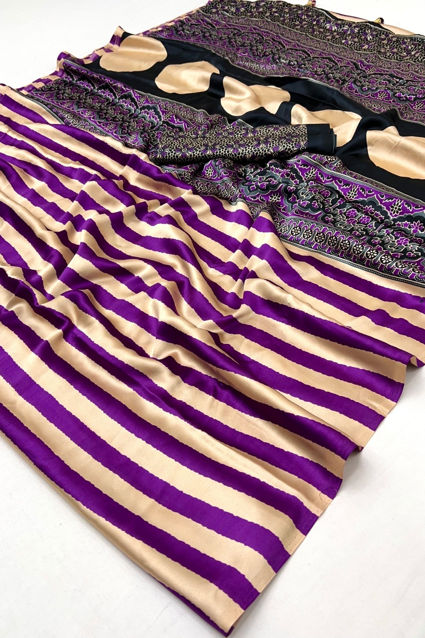 Buy MySilkLove Plum Purple Stripe Ajrakh Printed Satin Gaji Silk Saree Online