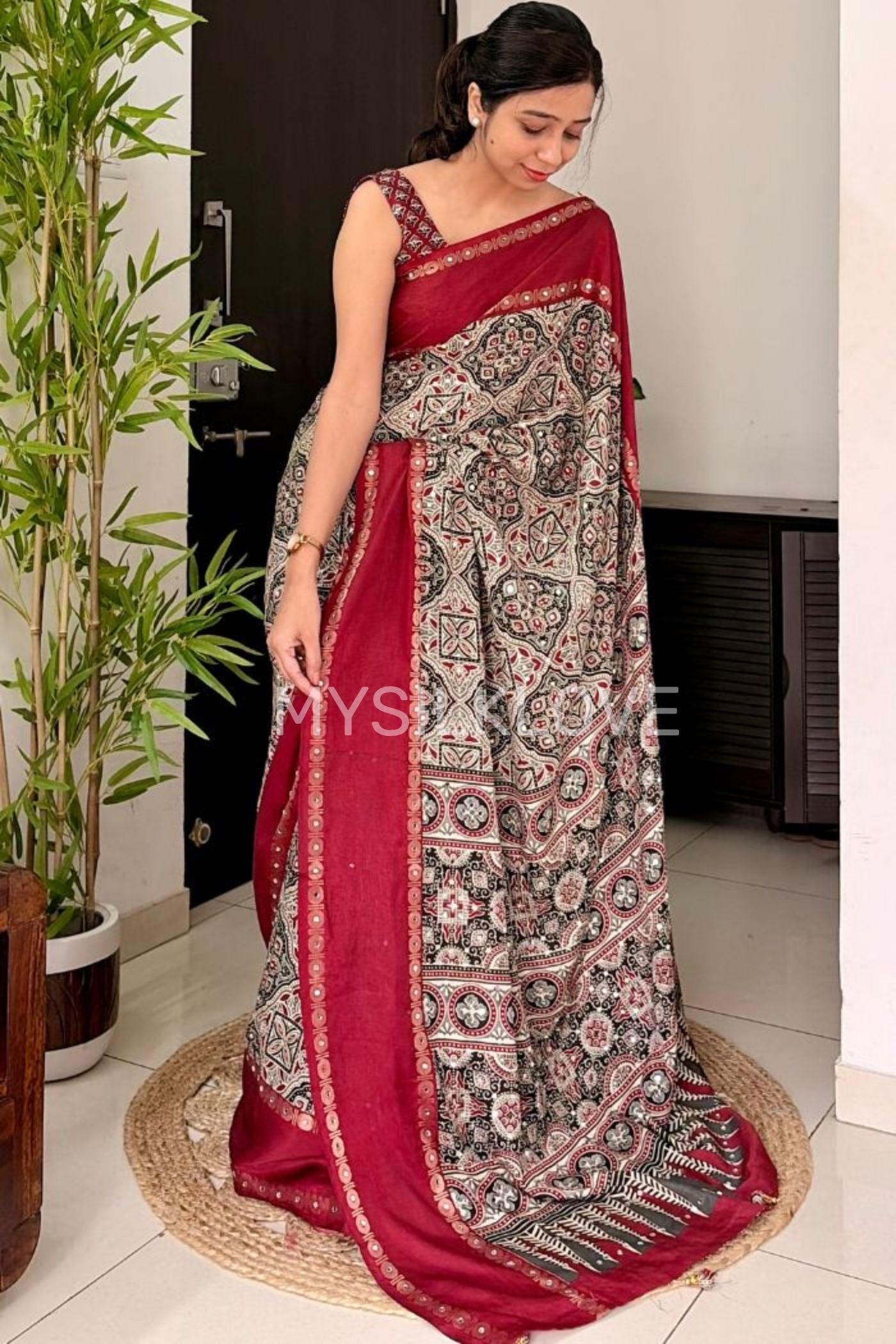MySilkLove Maroon Border Black and White Ajrakh Printed Satin Silk Saree