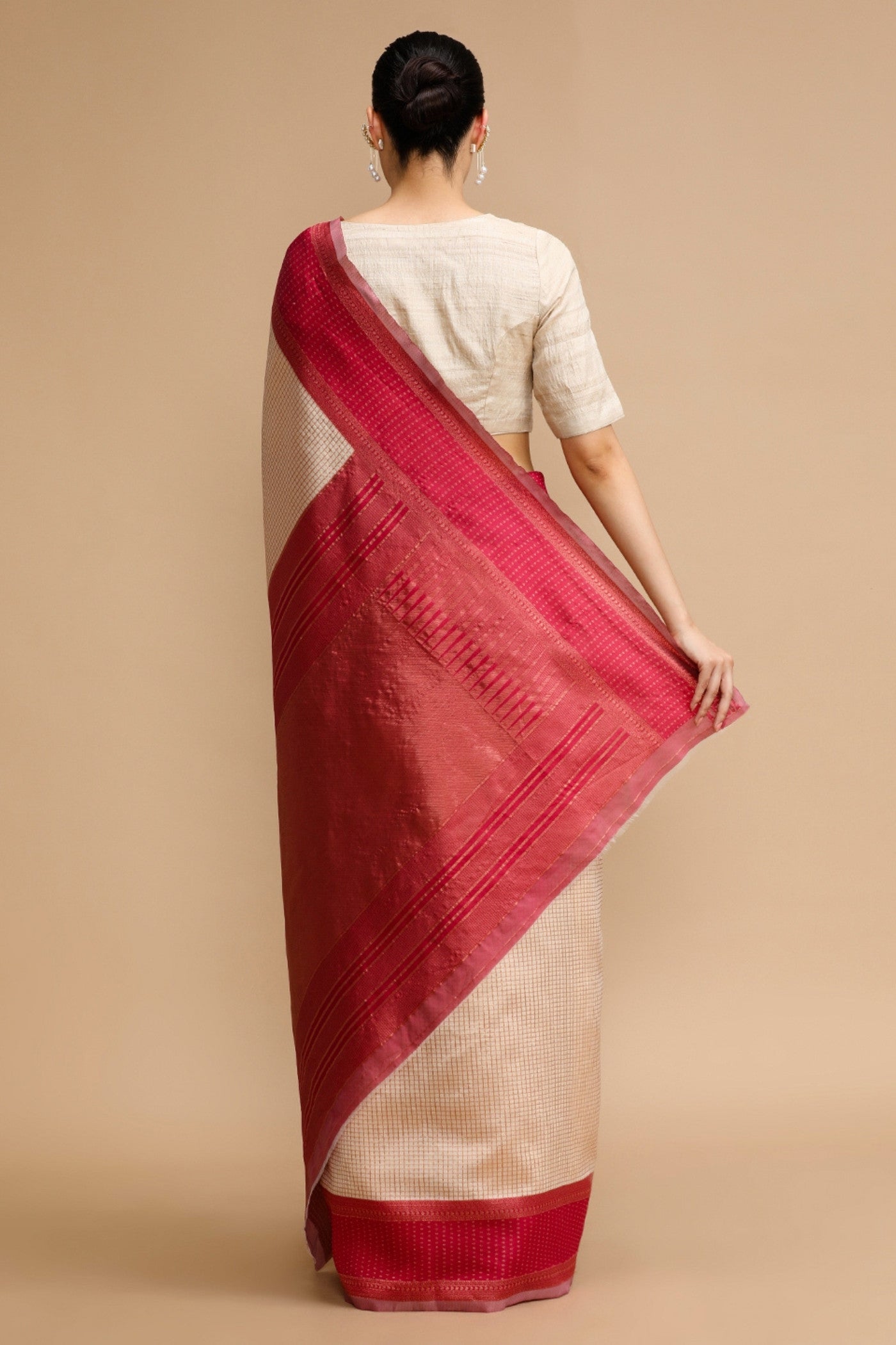 Buy MySilkLove Ivory Cream Woven Jacquard Lichi Silk Saree Online