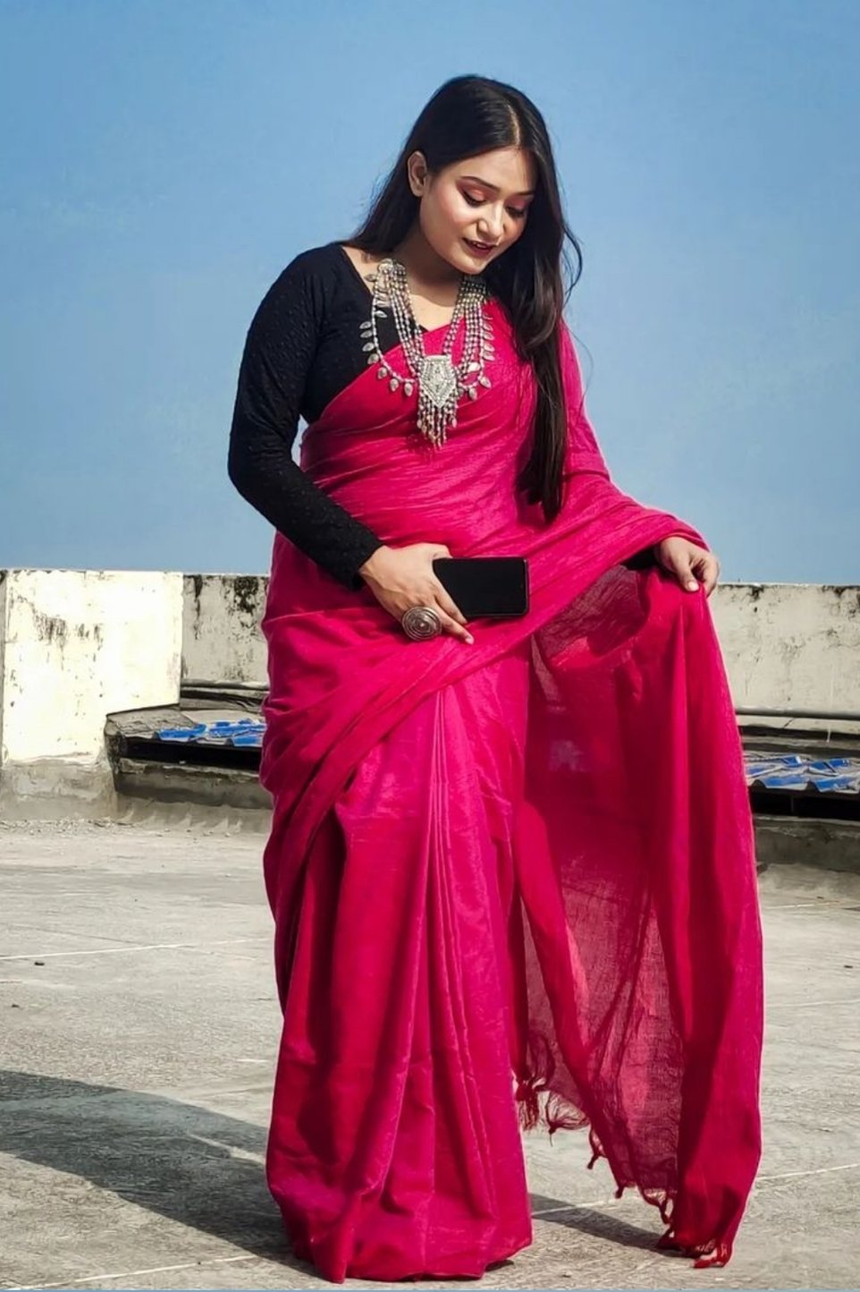 Buy MySilkLove Rani Pink Cotton Plain Saree Online