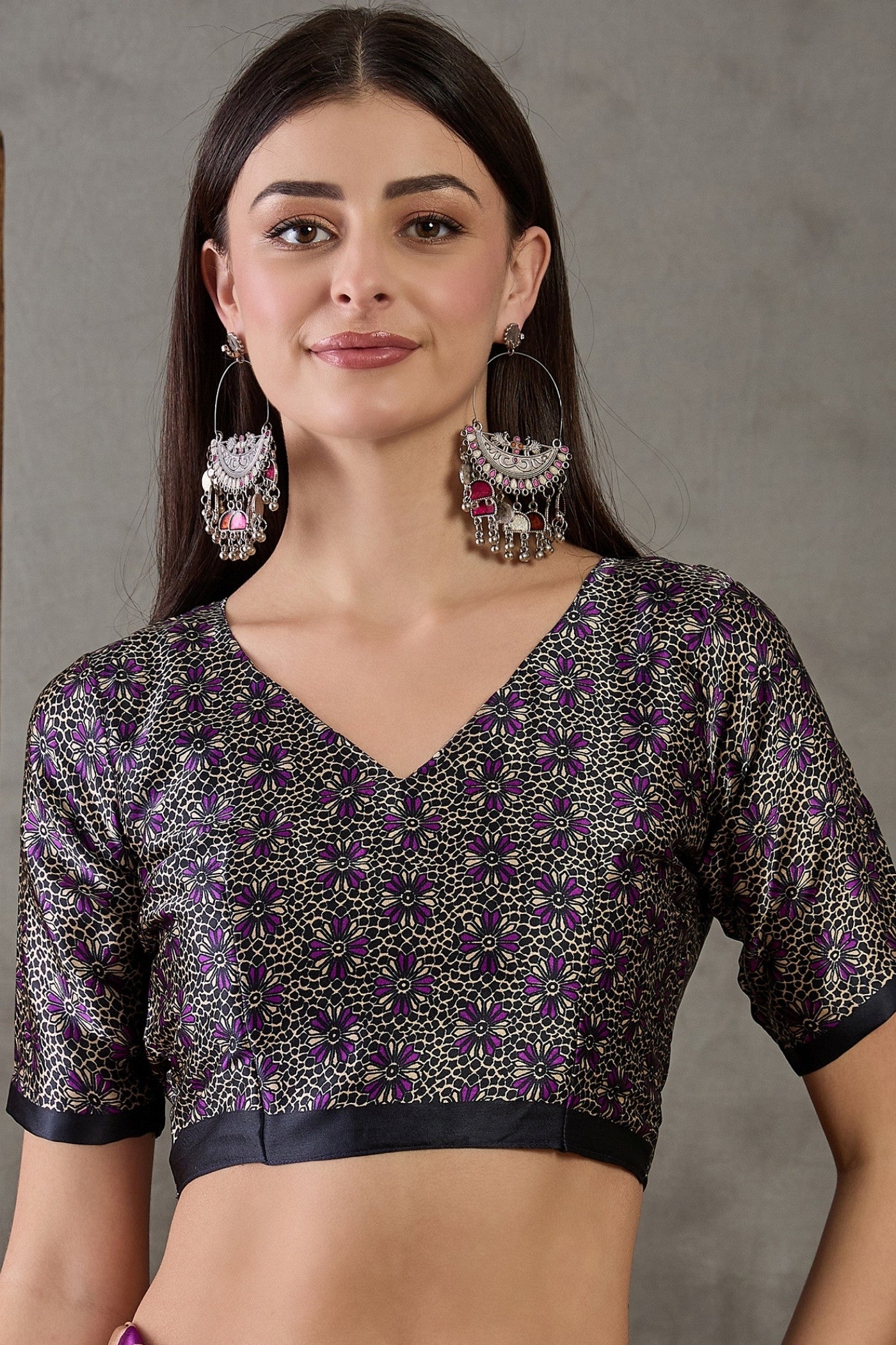 Buy MySilkLove Plum Purple Stripe Ajrakh Printed Satin Gaji Silk Saree Online