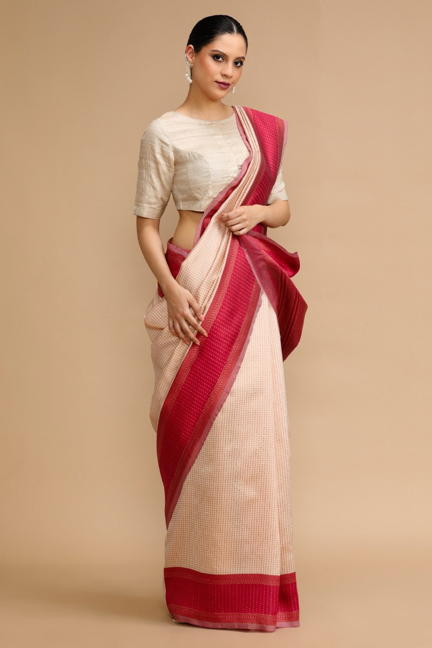 Buy MySilkLove Ivory Cream Woven Jacquard Lichi Silk Saree Online