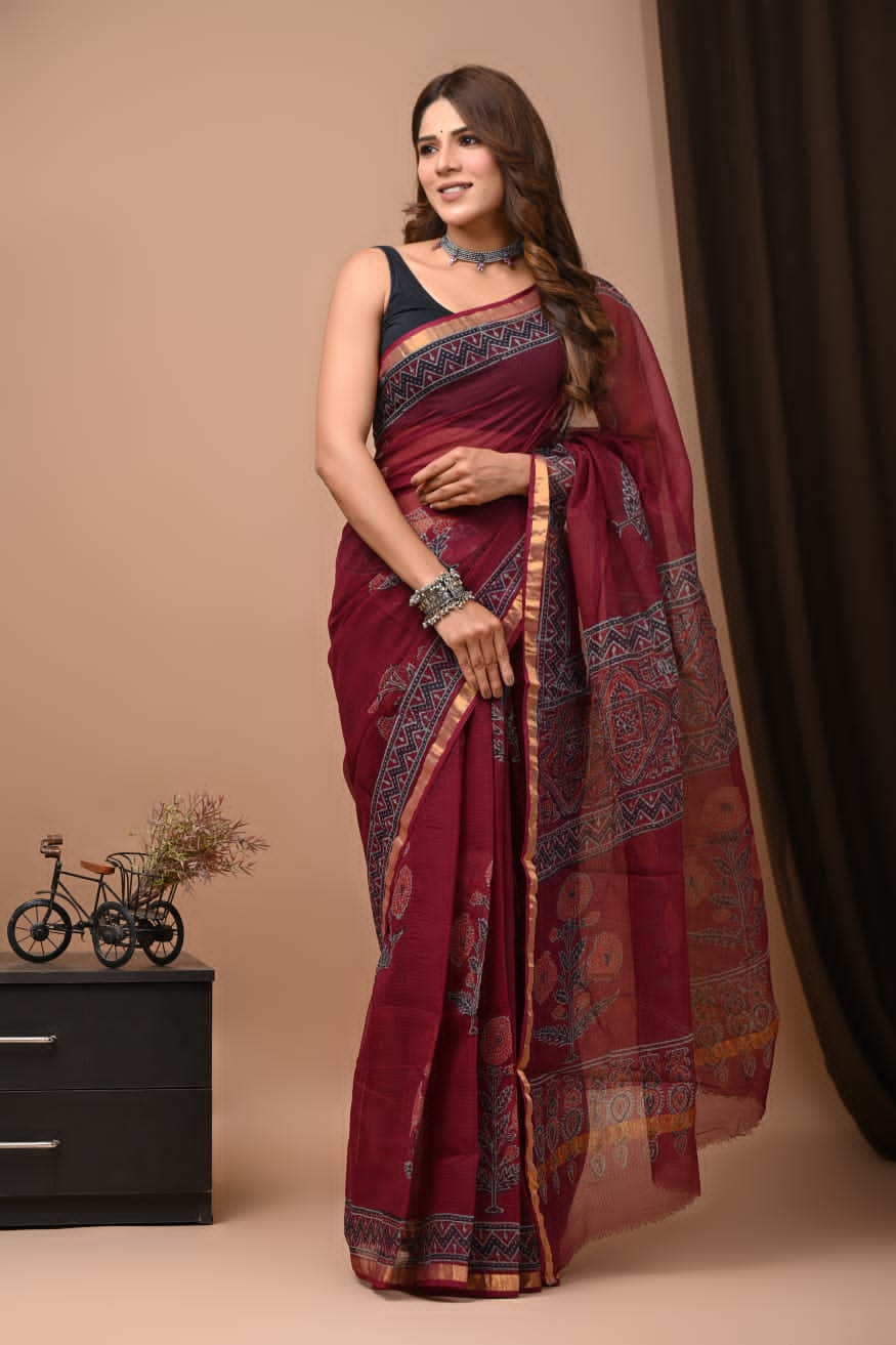 Buy MySilkLove Claret Maroon Handblock Kota Doriya Saree Online