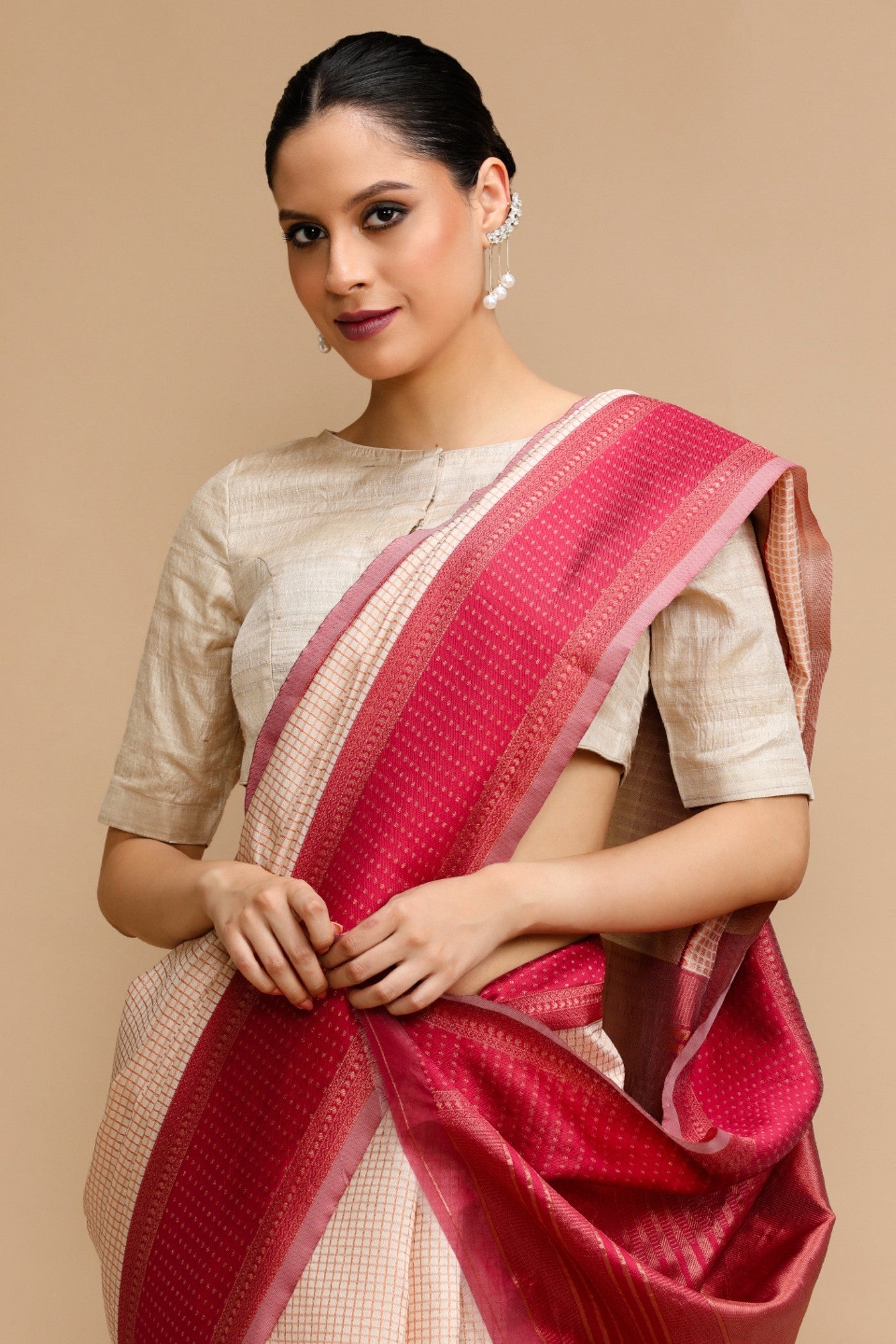MySilkLove Ivory Cream Woven Jacquard Lichi Silk Saree