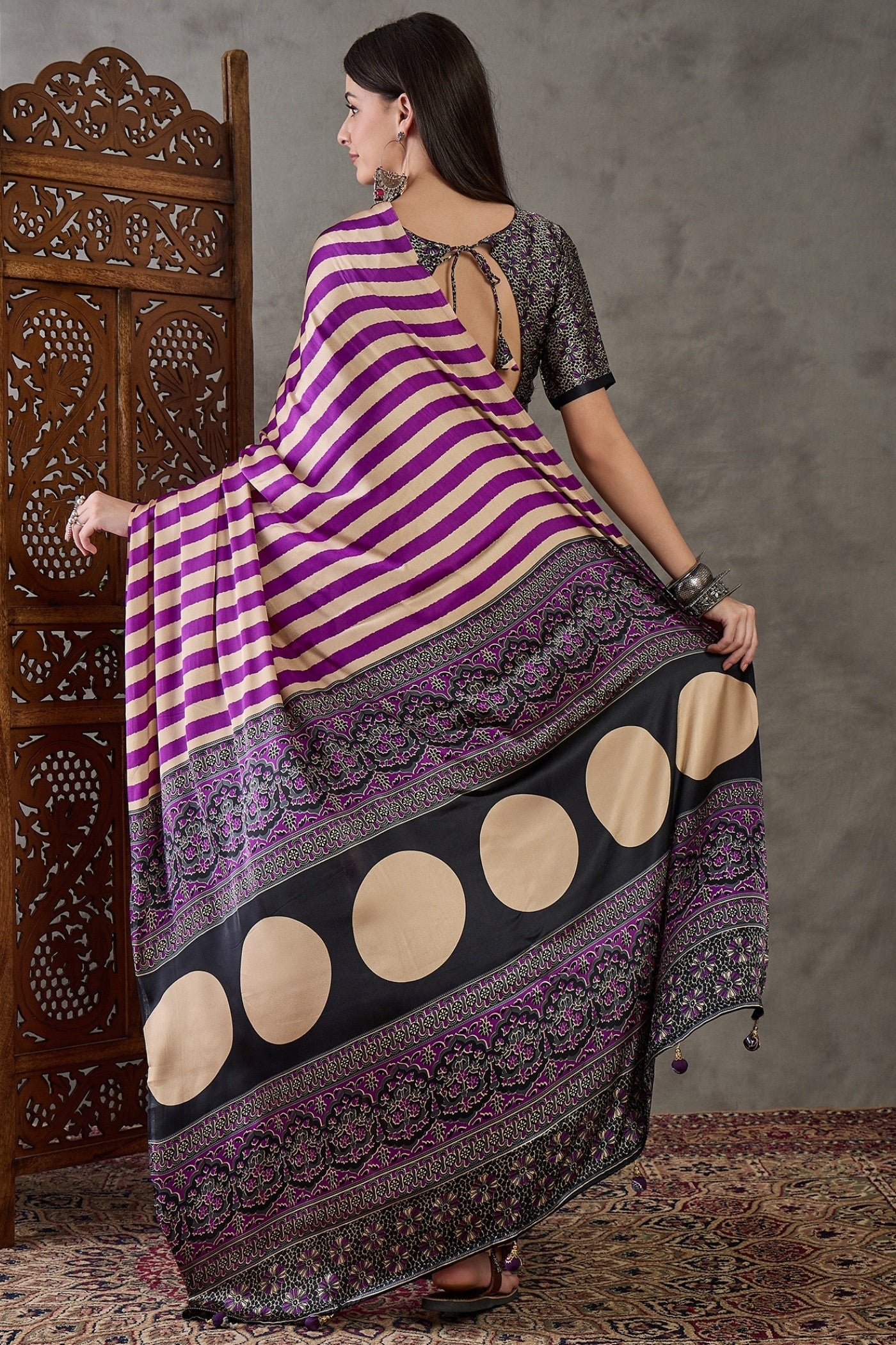 Buy MySilkLove Plum Purple Stripe Ajrakh Printed Satin Gaji Silk Saree Online