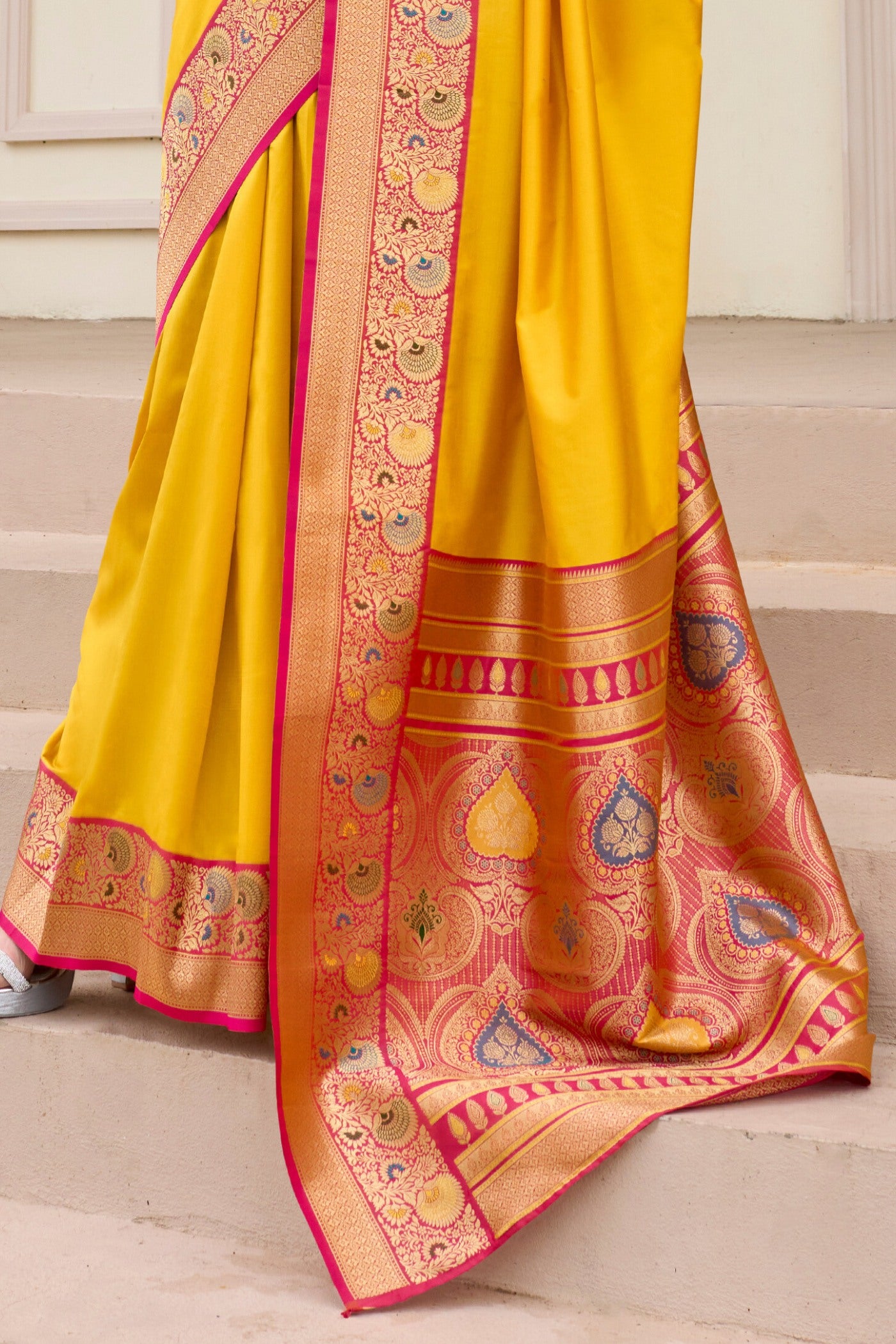 Buy MySilkLove Mango Yellow Woven Banarasi Soft Silk Saree Online