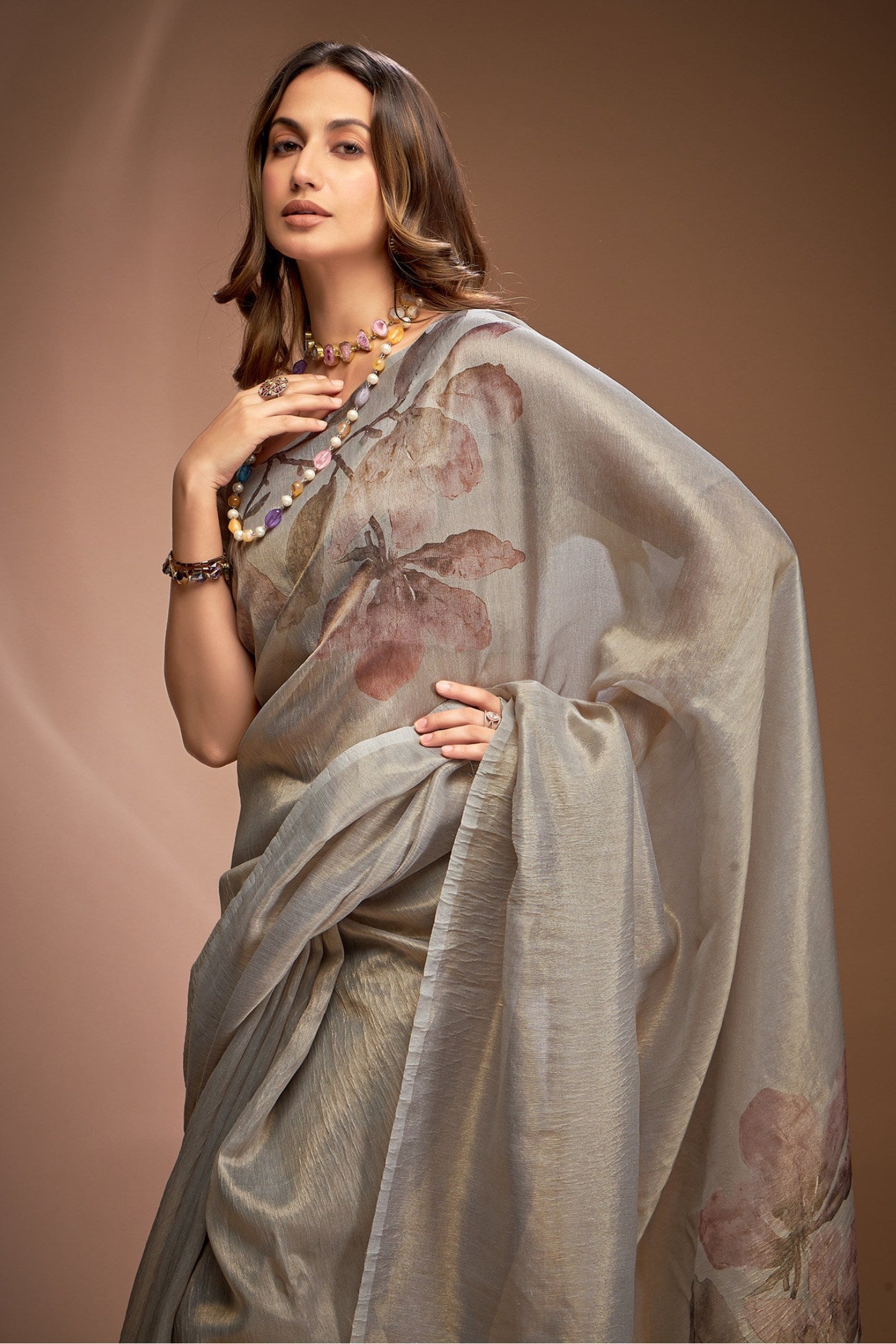 MySilkLove Dusty Miller Grey Printed Tissue Saree