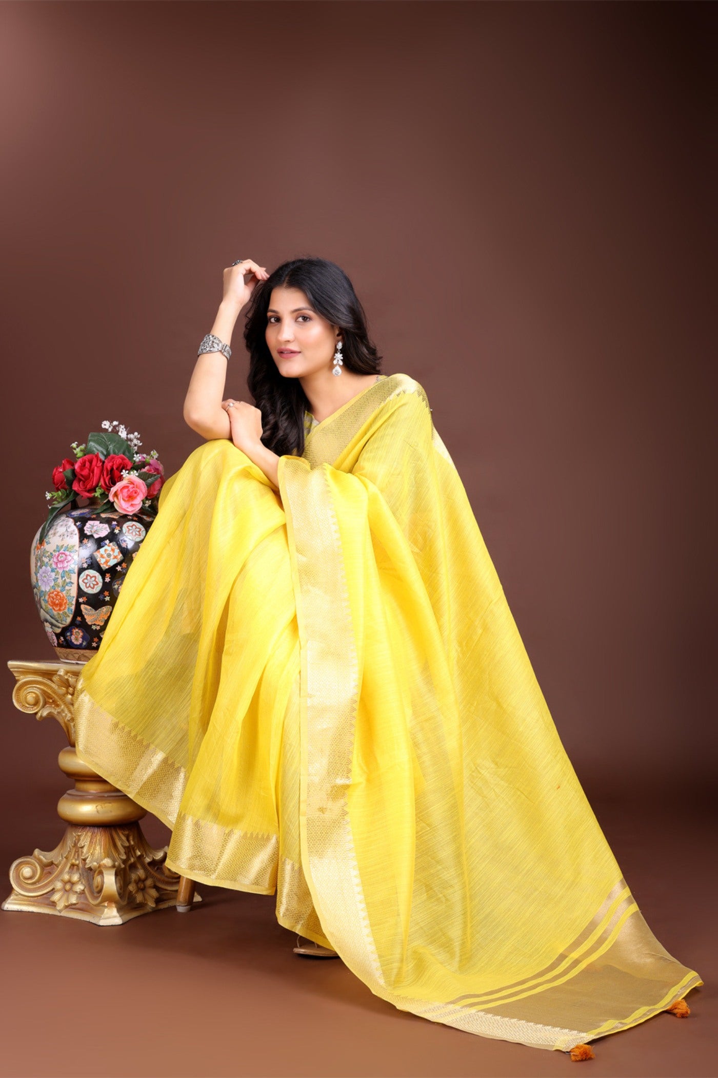 MySilkLove Lemon Yellow Woven Cotton Saree