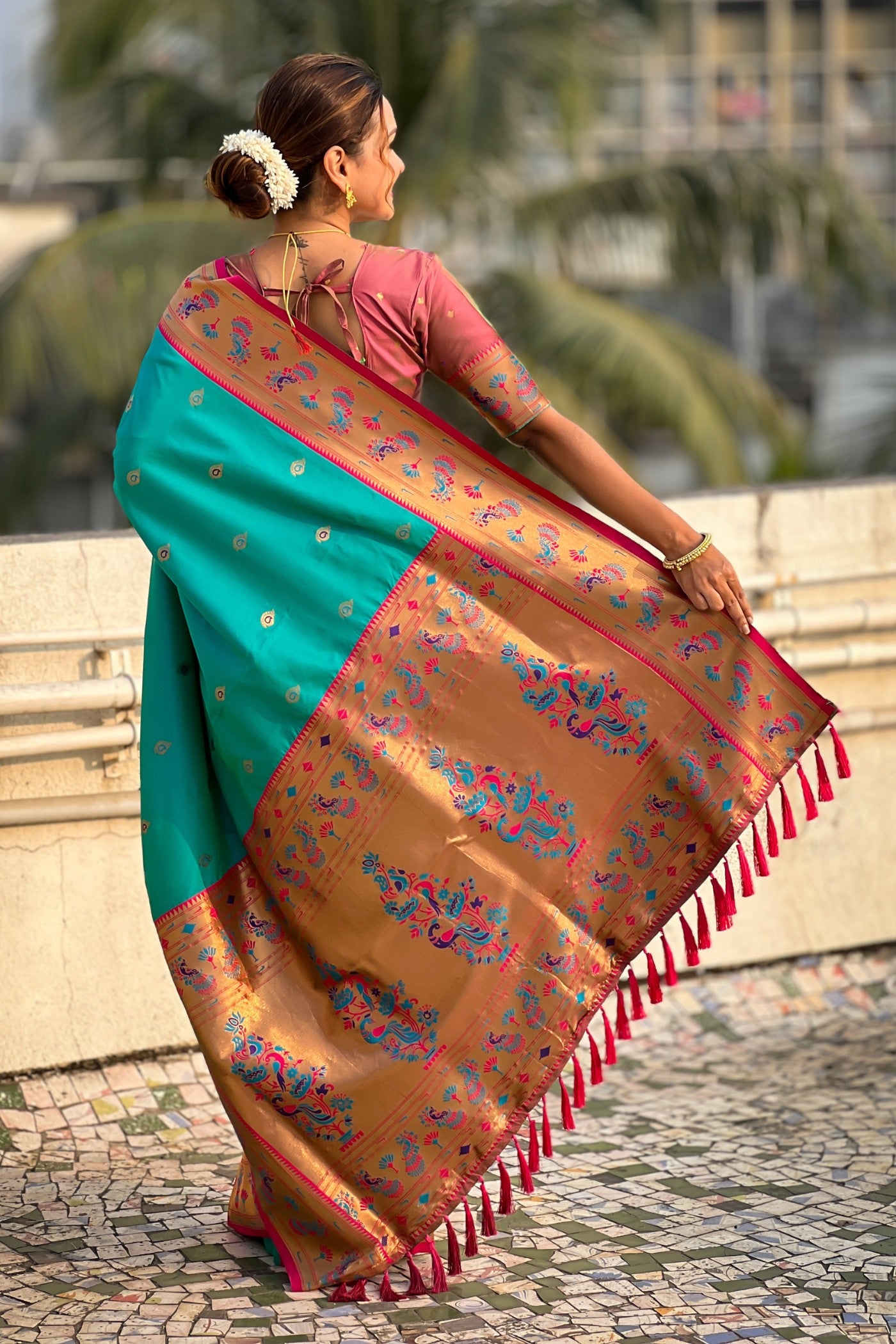 Buy MySilkLove Bright Turquoise Blue Woven Lotus Paithani Saree Online