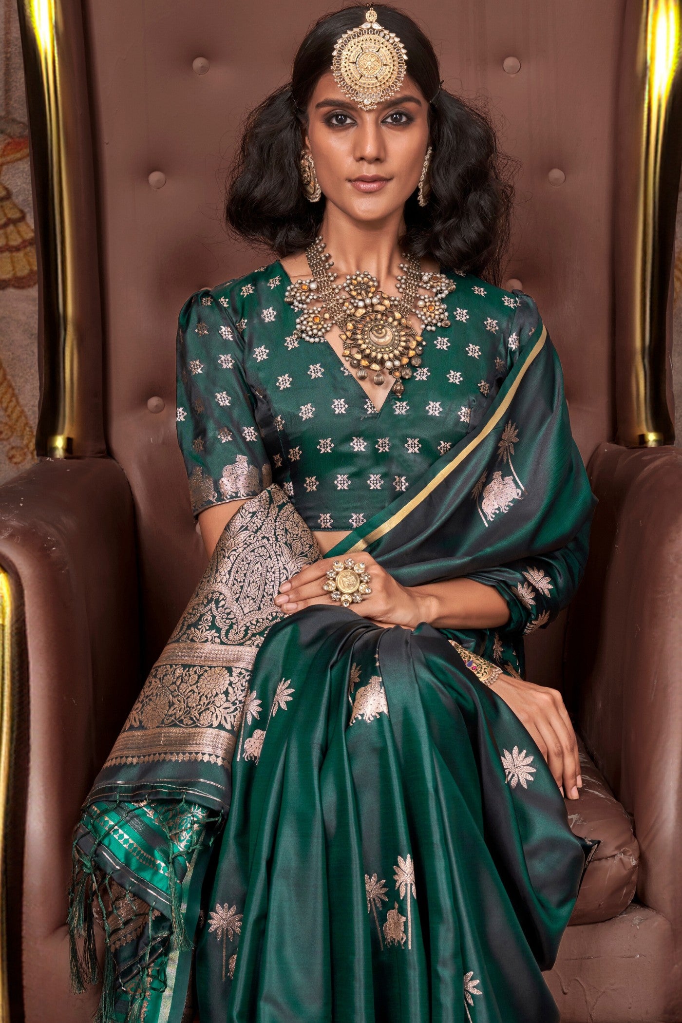 MySilkLove Hunter Green Banarasi Pichwai Satin Saree