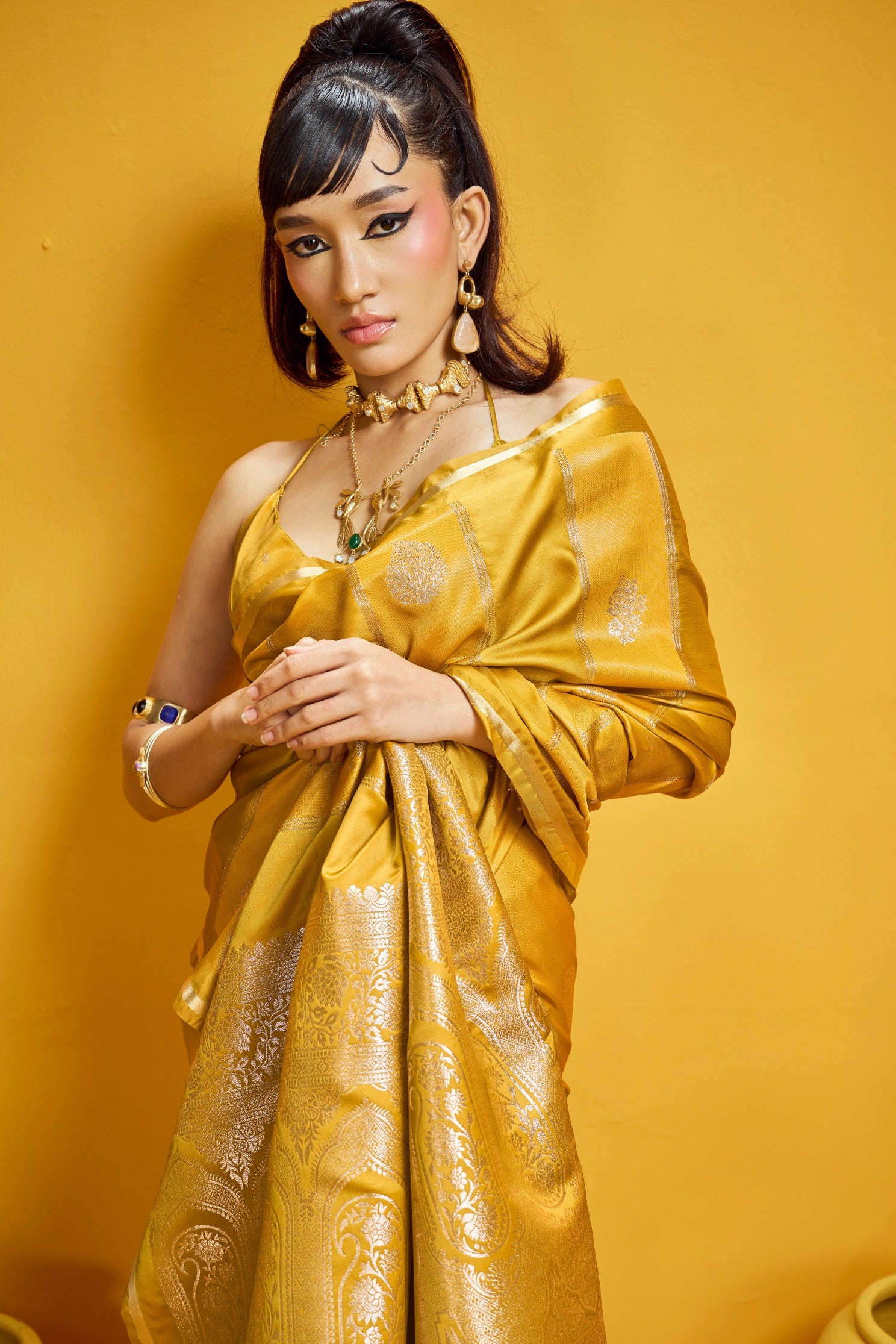 MySilkLove Trombone Yellow Banarasi Handloom Satin Silk Saree