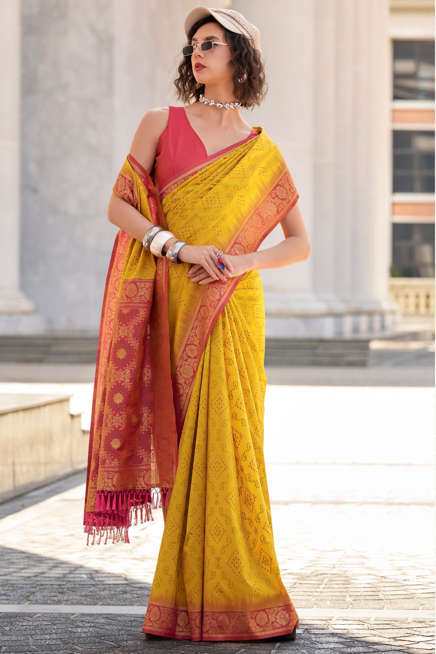 Buy MySilkLove Fuel Yellow Woven Banarasi Bandhani Soft Silk Saree Online