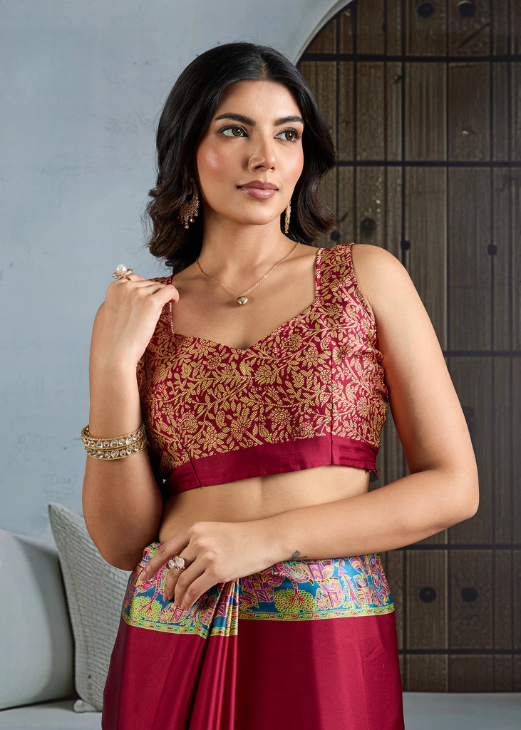 Buy MySilkLove Claret Red Printed Satin Crepe Silk Saree Online