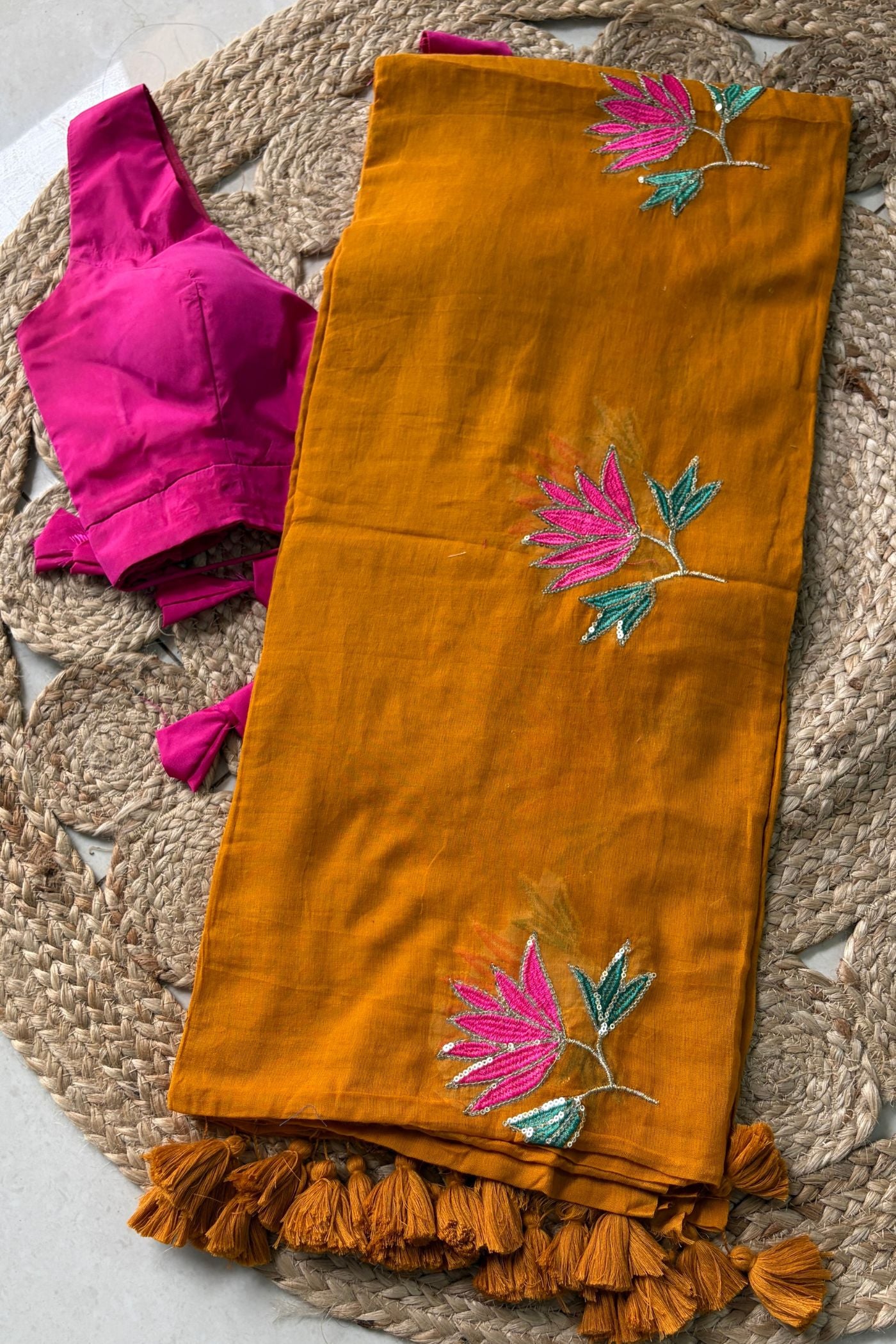 Buy MySilkLove Ocean Blue Pure Mul Mul Cotton Lotus Sequin Work Saree Without Blouse Online