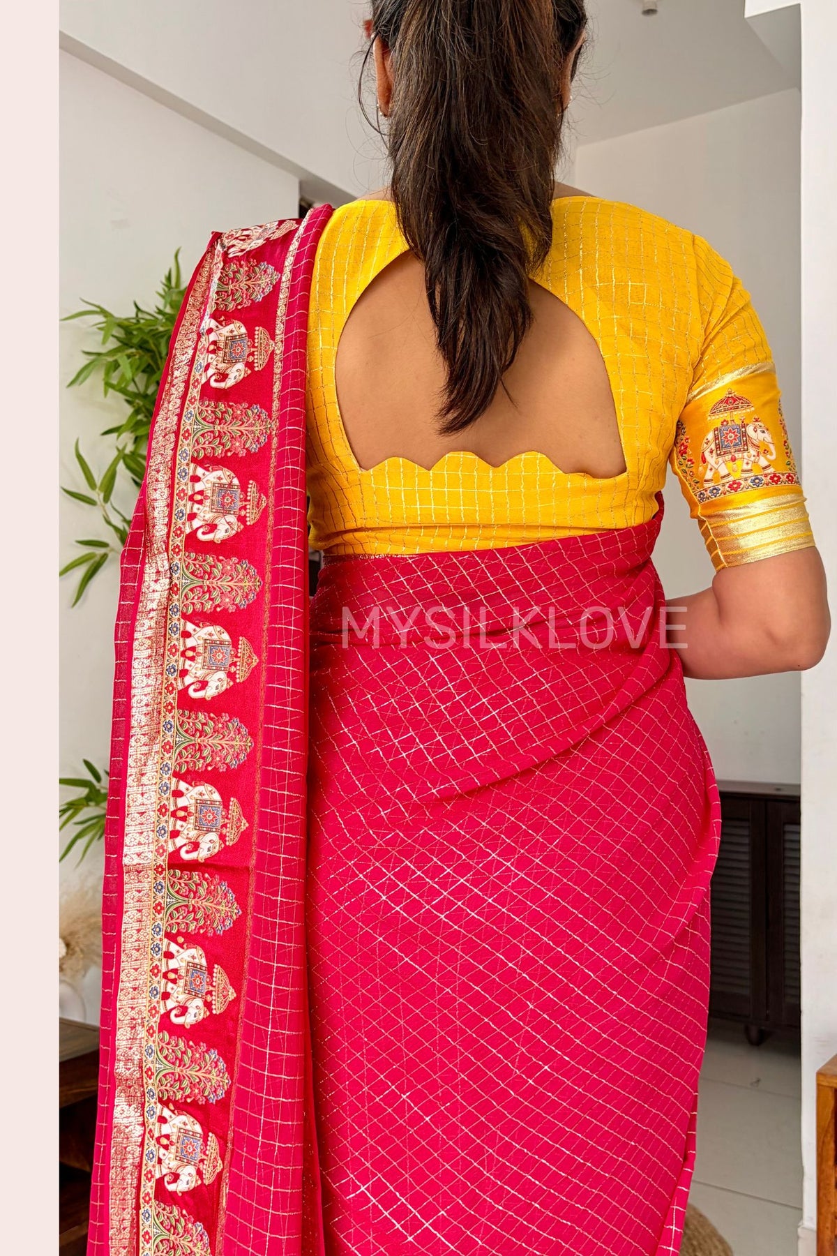 Buy MySilkLove Pink Lotus Georgette Check Pattern Designer Saree With Contrast Blouse Online