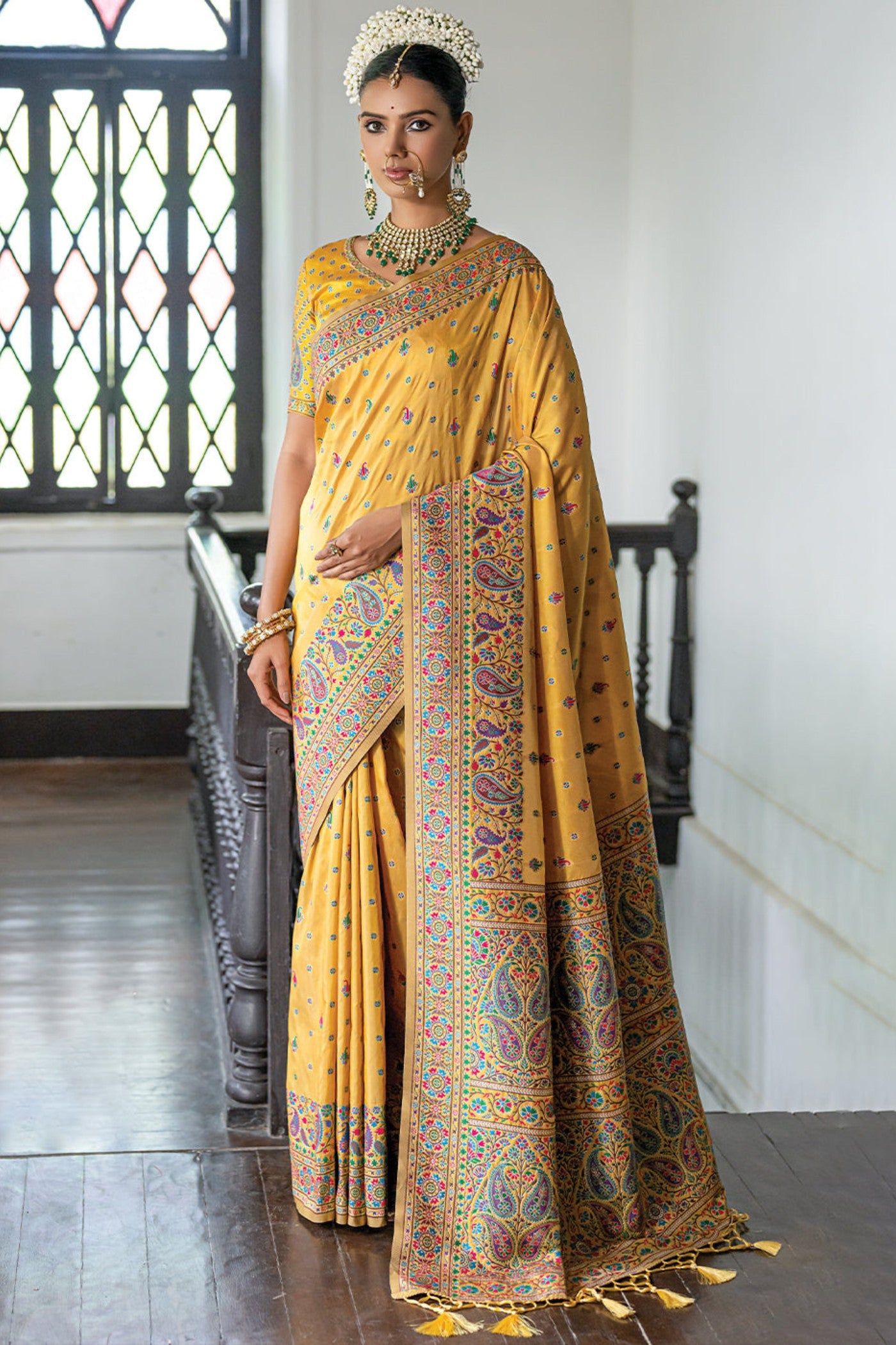 Buy MySilkLove Zest Yellow Kashmiri Handloom Woven Silk Saree Online