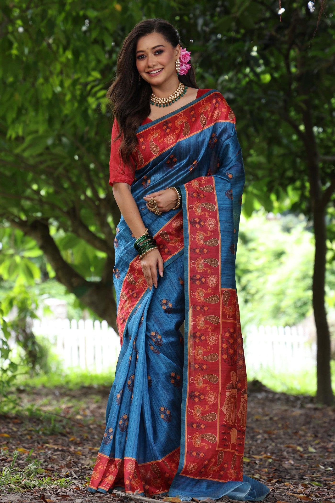 Buy MySilkLove Indigo Blue Madhubani Tussar Printed Silk Saree Online