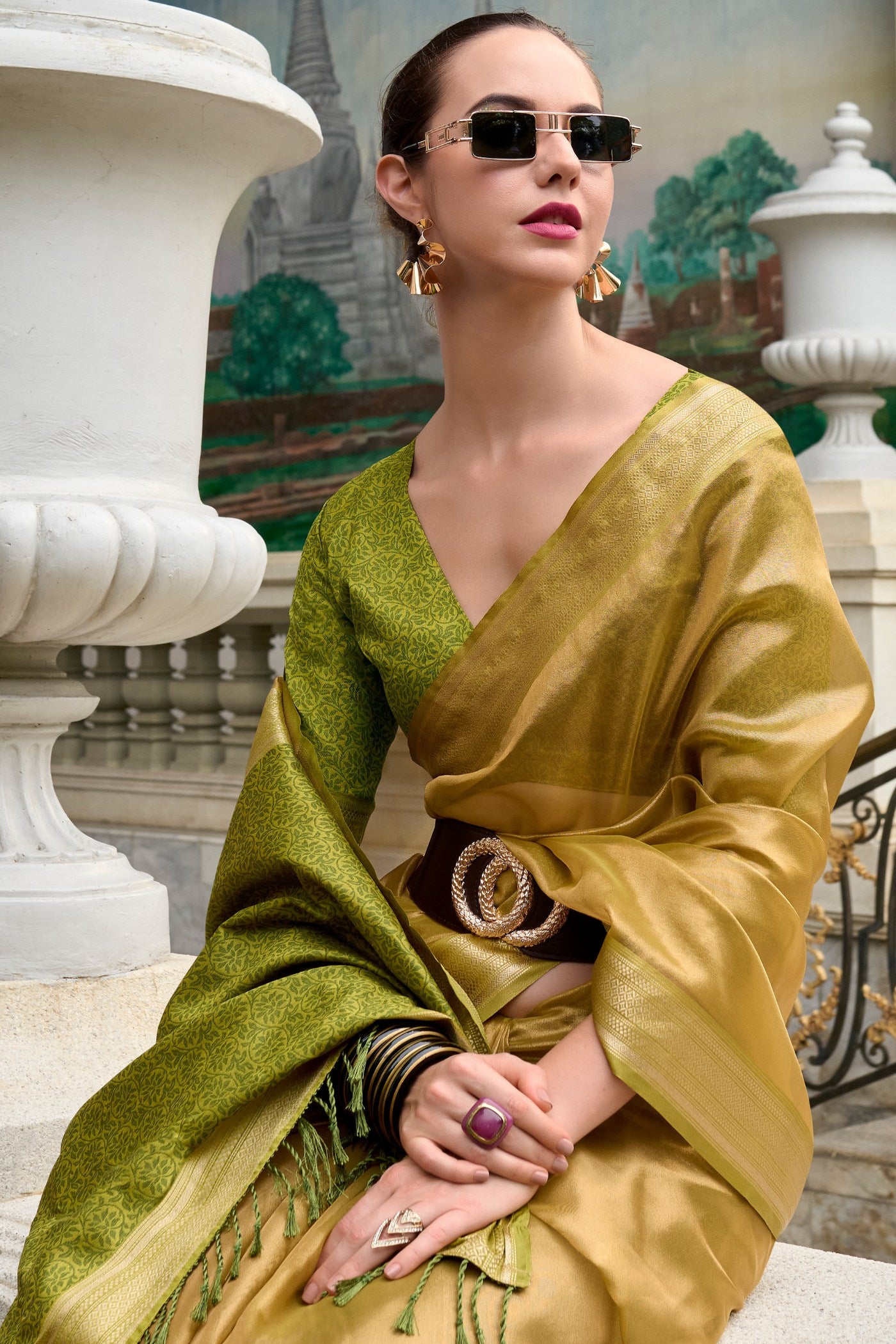 Buy MySilkLove Tussock Yellow Handloom Tissue Saree Online