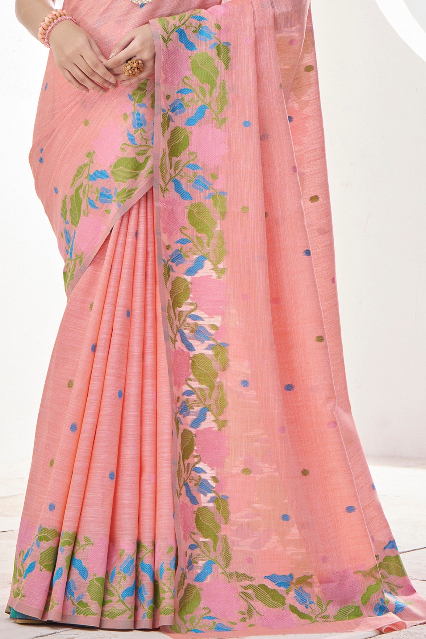 Buy MySilkLove Copper Peach Printed Linen Saree Online