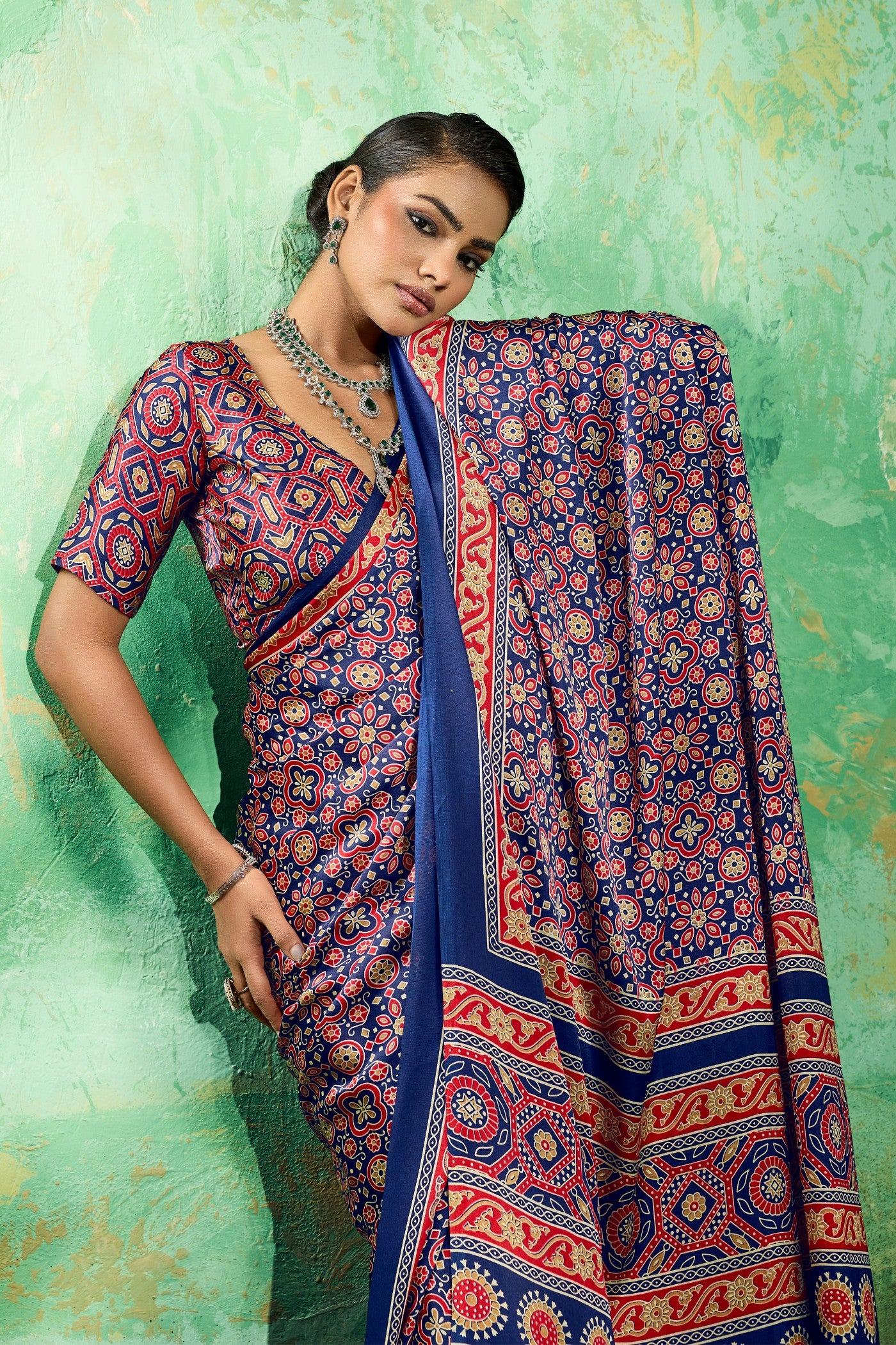 Buy MySilkLove Crystal Blue Modal Ajrakh Satin Printed Silk Saree Online