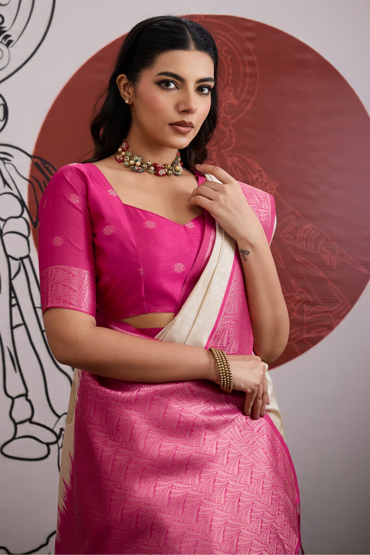 MySilkLove Oyster Cream and Pink Handloom South Silk Saree