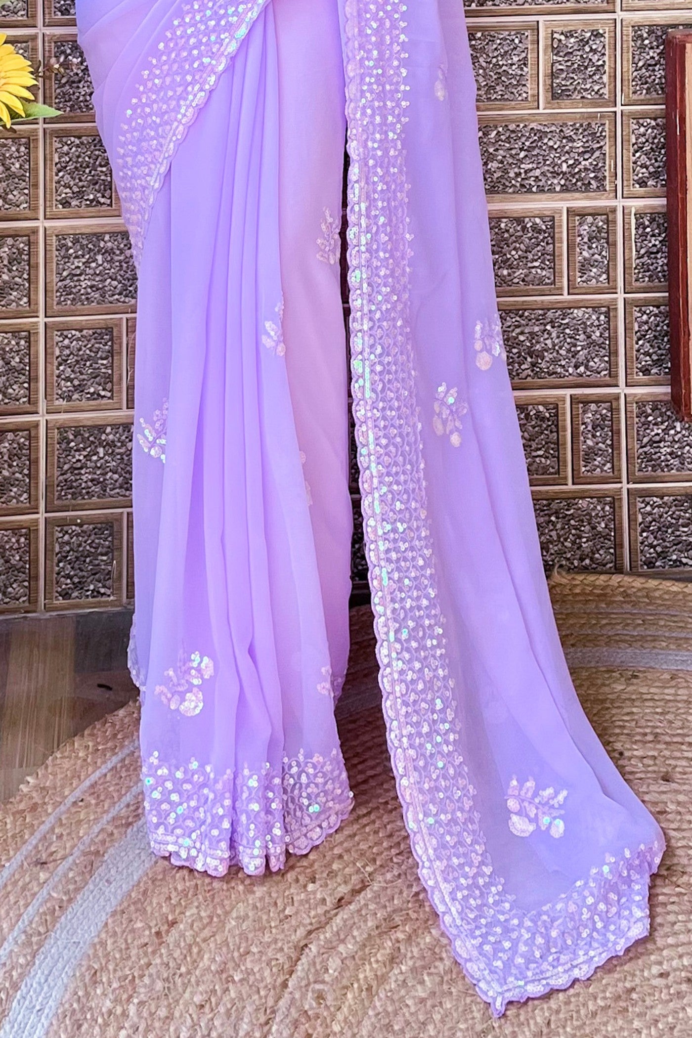 Buy MySilkLove Crocus Lavender Embroidery Georgette saree Online