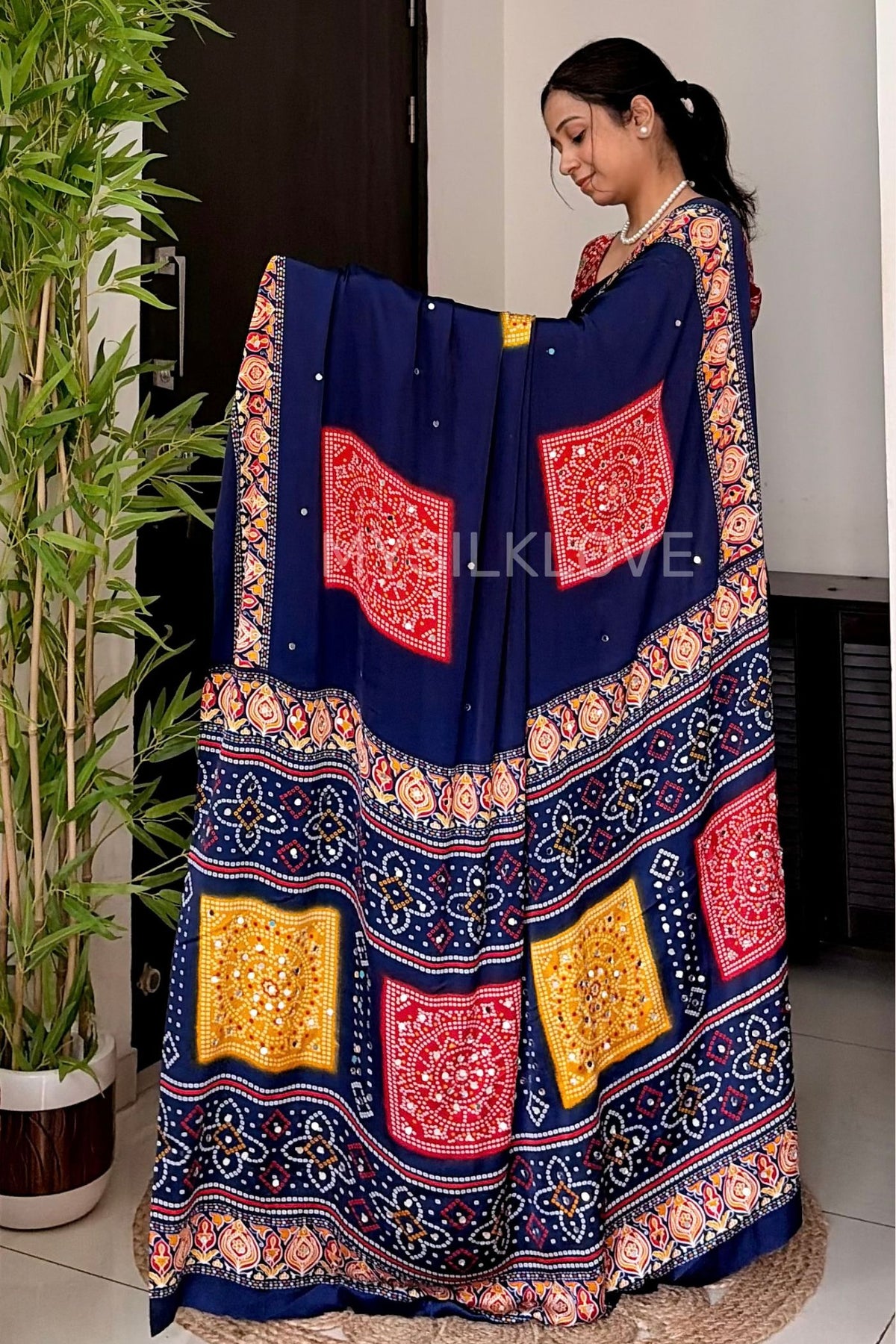 Buy MySilkLove Bluebell Blue Satin Printed Bandhani Mirror Work Saree Online
