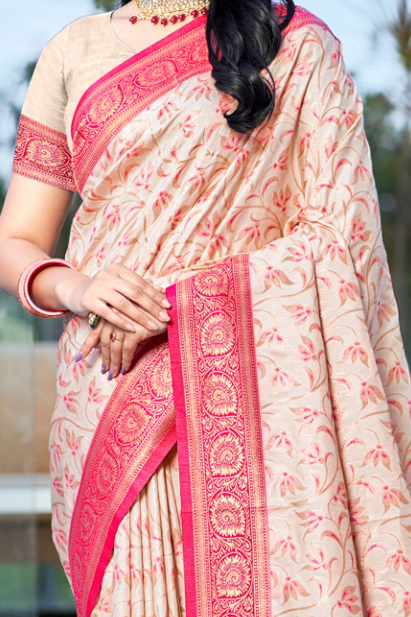 Buy MySilkLove Bright Cream and Pink Woven Banarasi Saree Online