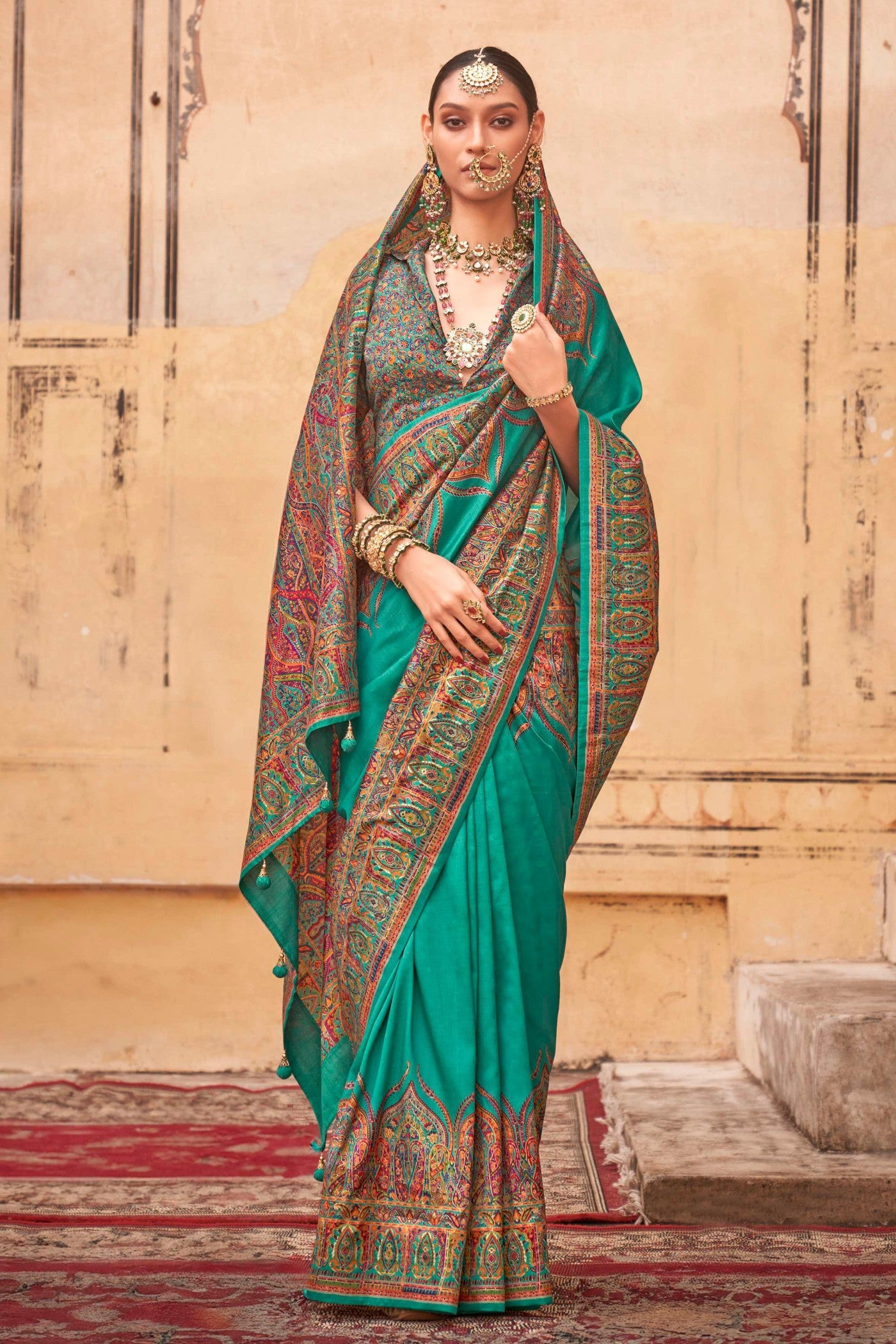 Buy MySilkLove Surfie Green Printed Jamawar Saree Online