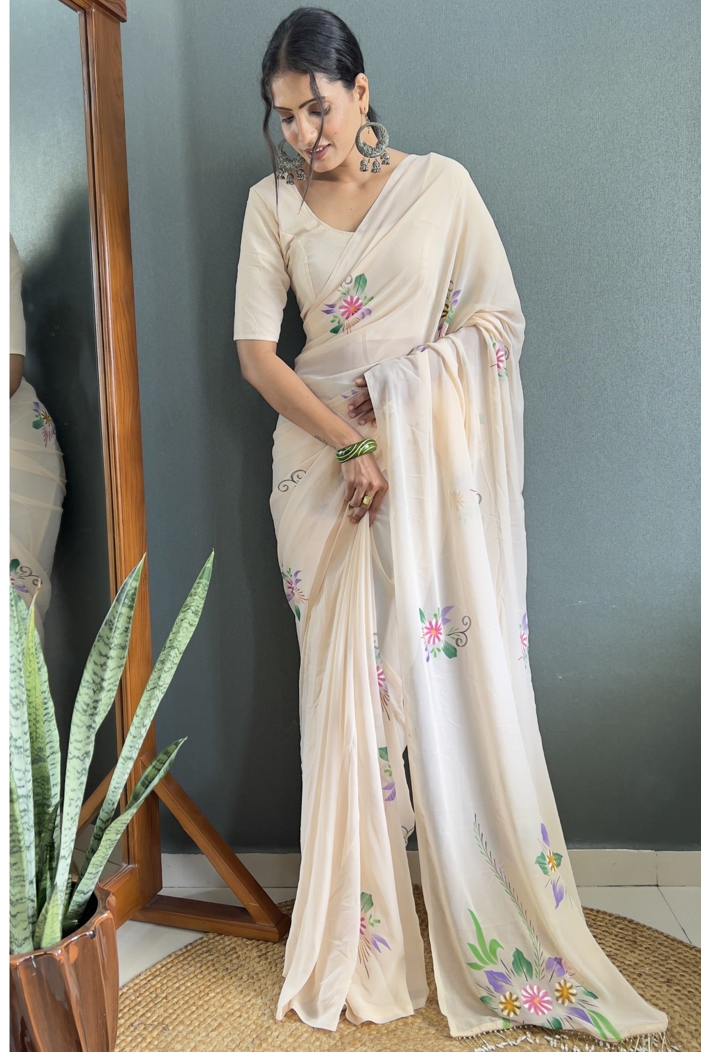 Buy MySilkLove White Rose Hand Painted Georgette Saree Online