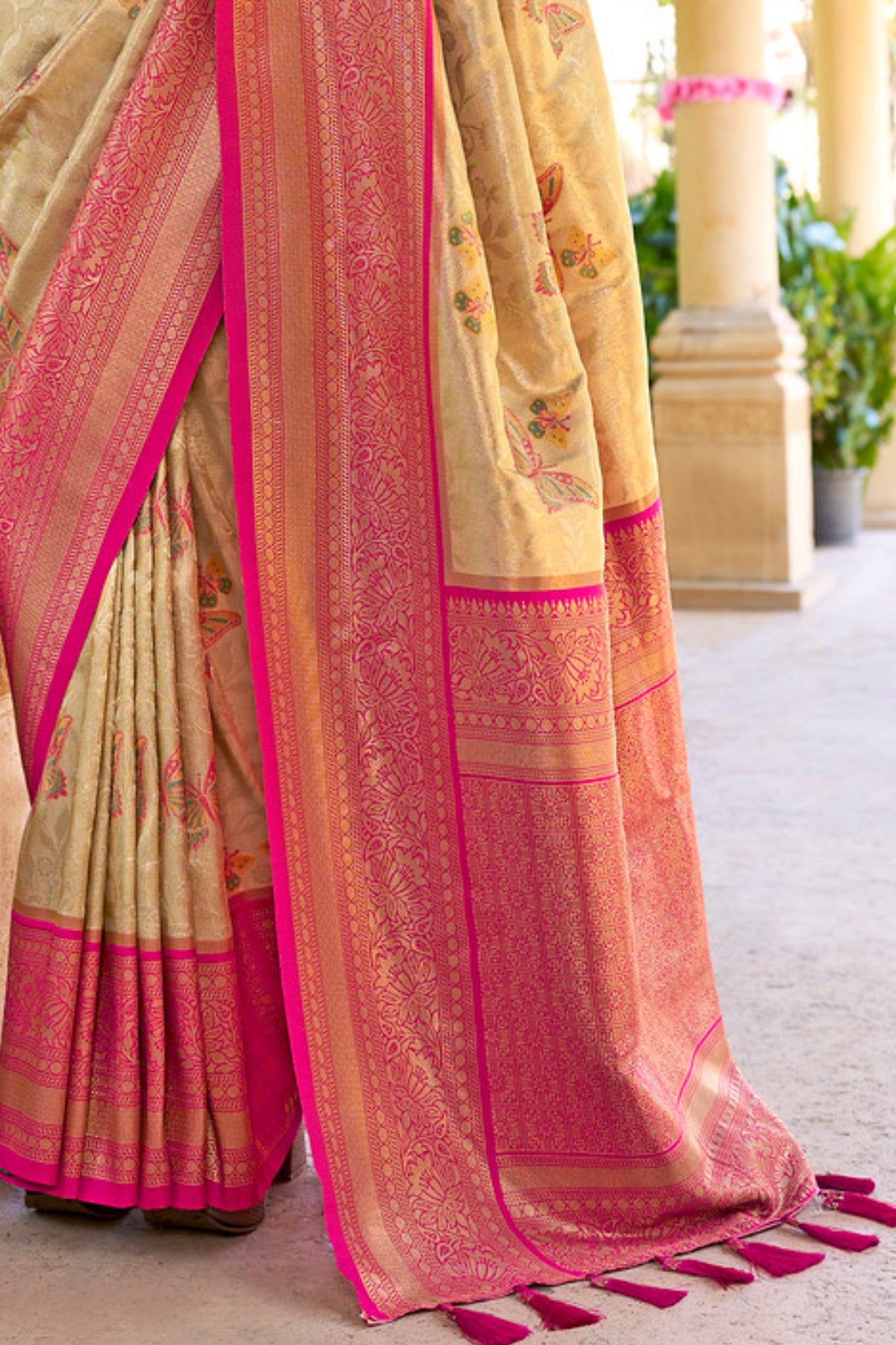 Buy MySilkLove Maize Cream and Pink Woven Kanjivaram Saree Online