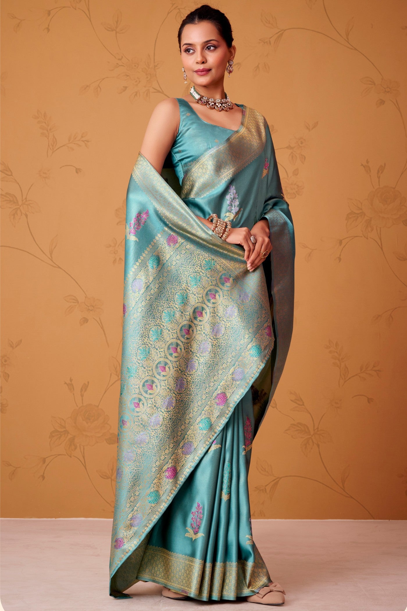 Buy MySilkLove Celtic Blue Handloom Satin Silk Saree Online