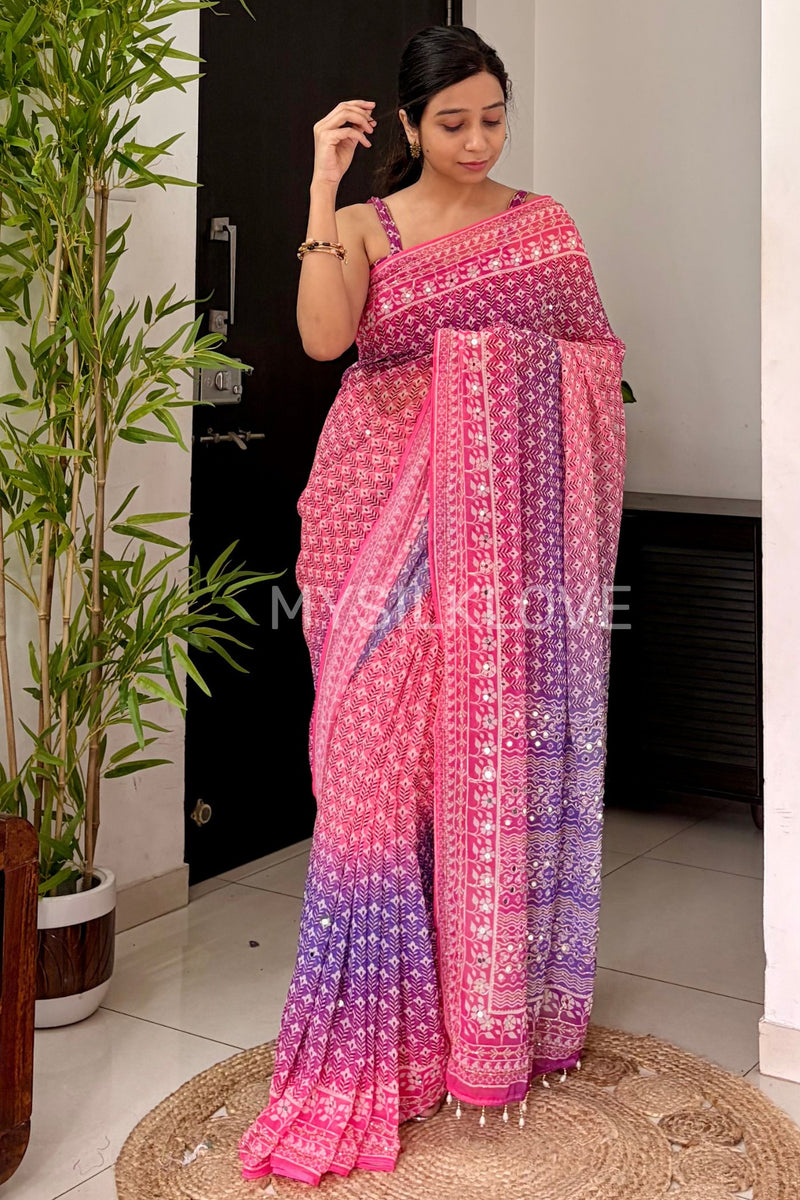 Buy MySilkLove Baby Pink and Purple Ajrakh Georgette Mirror Work Saree Without Blouse Online