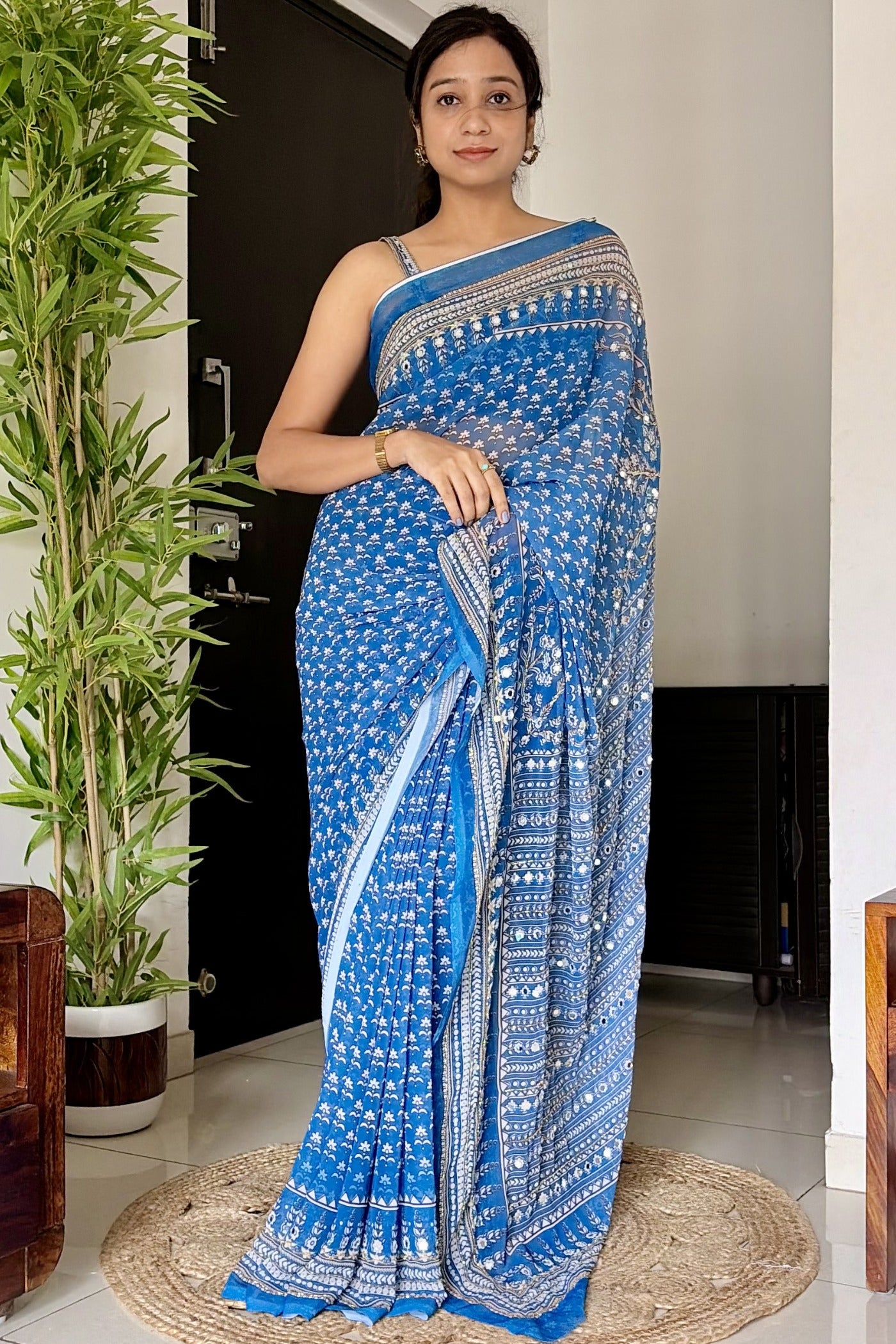 Buy MySilkLove Calypso Blue Ajrakh Georgette Printed Mirror Work Saree Online