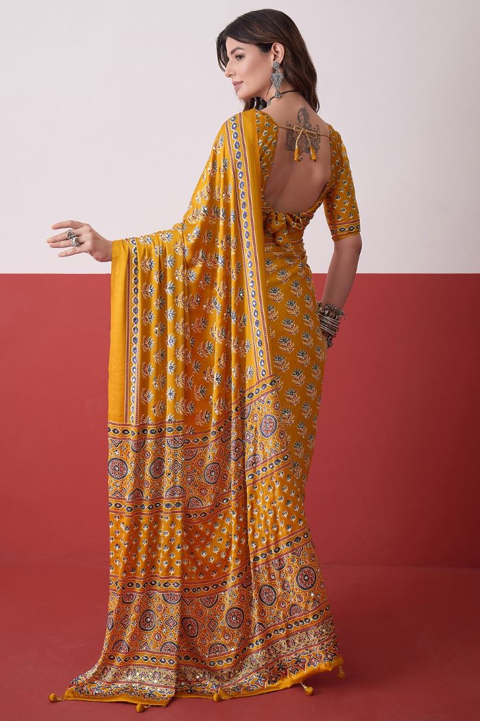 Buy MySilkLove Marigold Yellow Modal Ajrakh Satin Printed Mirror Work Saree Online