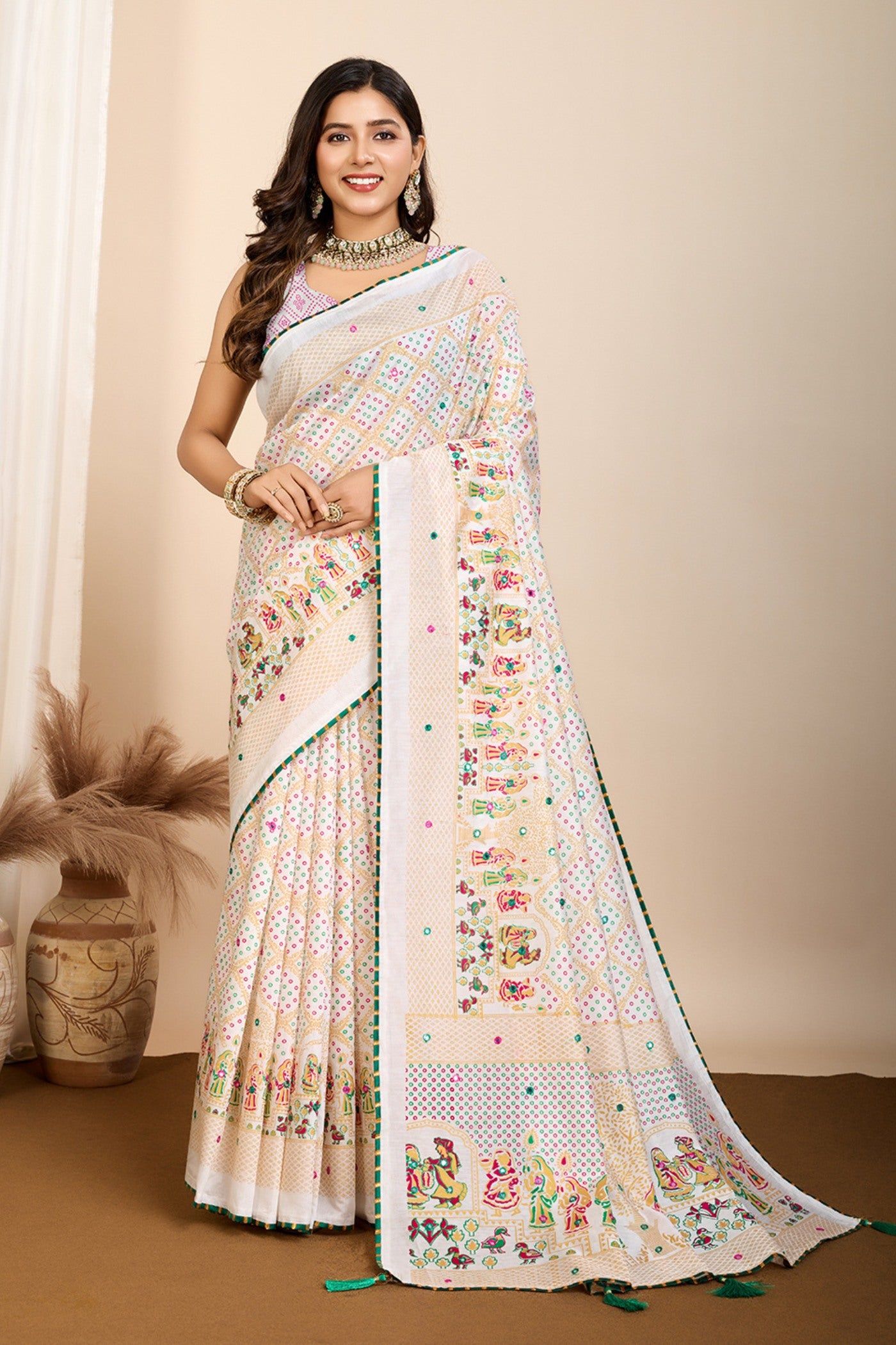 Buy MySilkLove Powder White Printed Cotton Saree Online